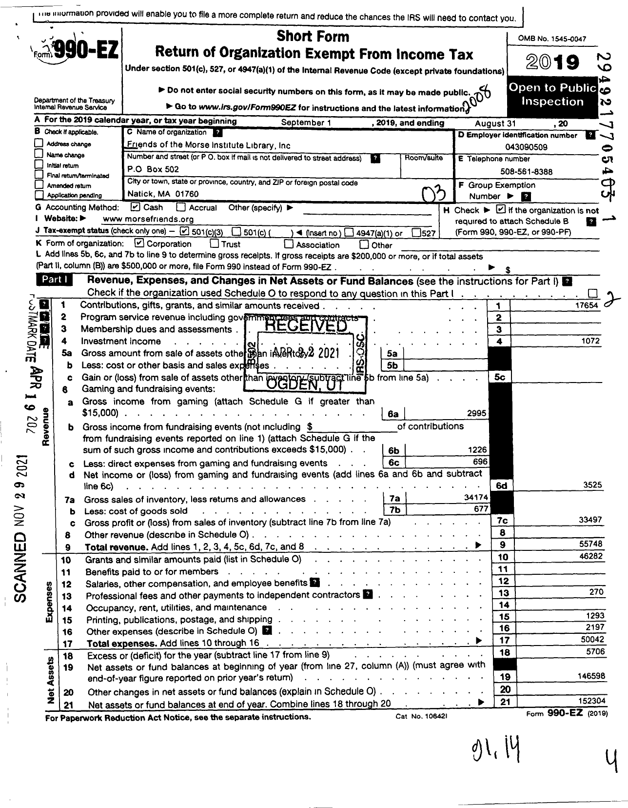 Image of first page of 2019 Form 990EZ for Friends of the Morse Institute Library