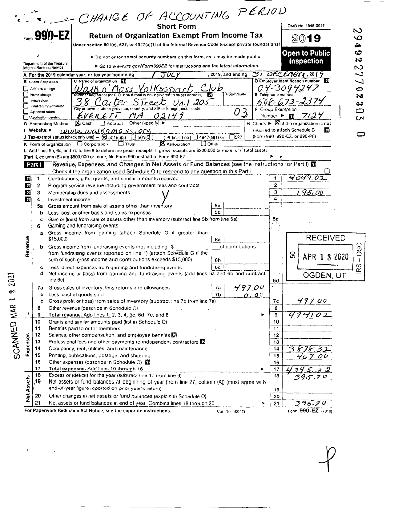 Image of first page of 2019 Form 990EZ for American Volkssport Association - 269 Walk N Mass Volkssport Club