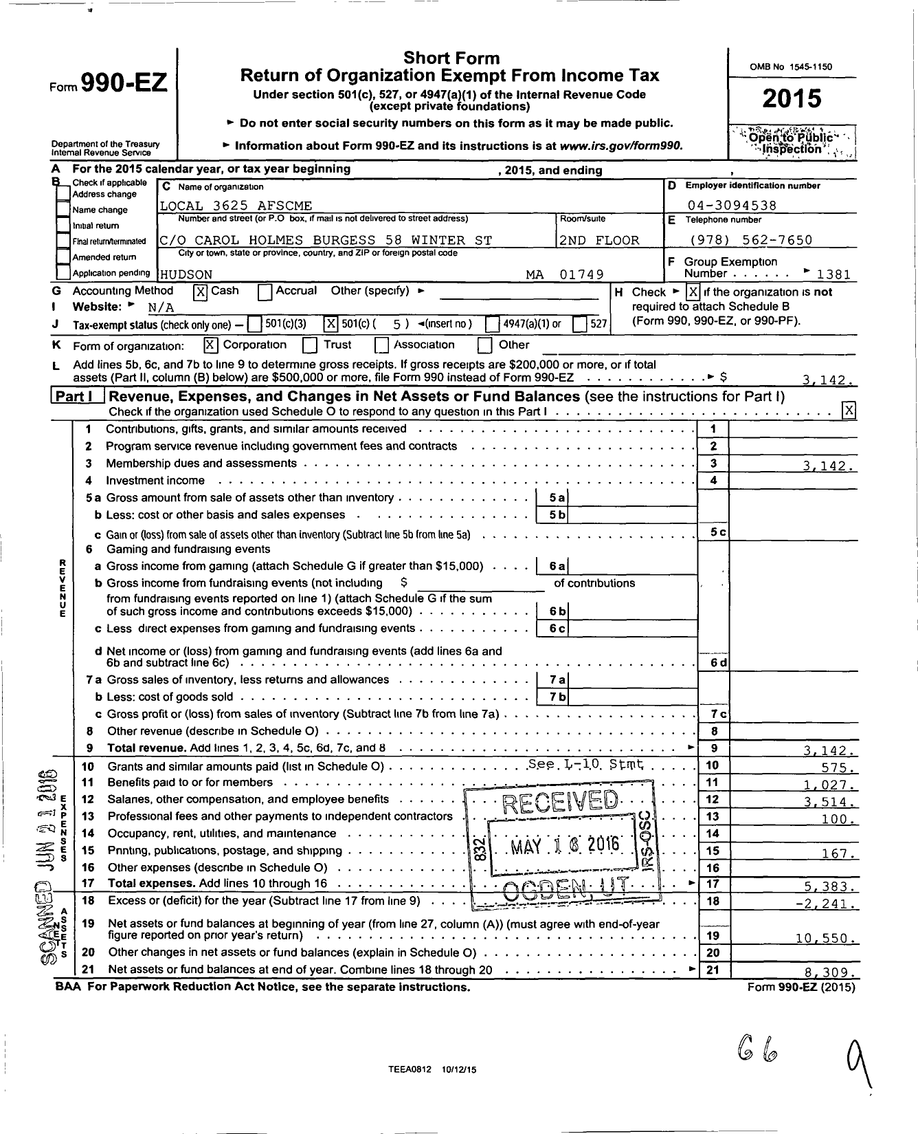 Image of first page of 2015 Form 990EO for American Federation of State County & Municipal Employees - L3625ma Hudson Area Munic and Schoo