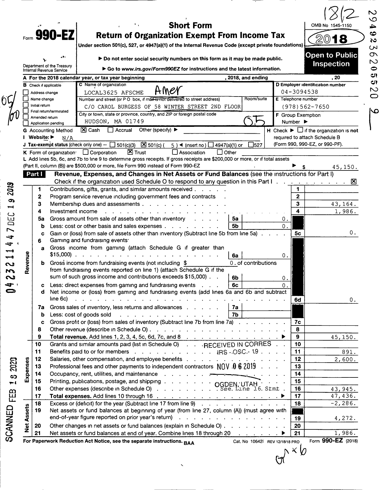 Image of first page of 2018 Form 990EO for American Federation of State County & Municipal Employees - L3625ma Hudson Area Munic and Schoo