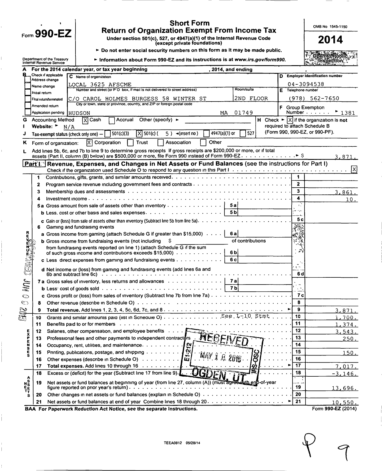 Image of first page of 2014 Form 990EO for American Federation of State County & Municipal Employees - L3625ma Hudson Area Munic and Schoo