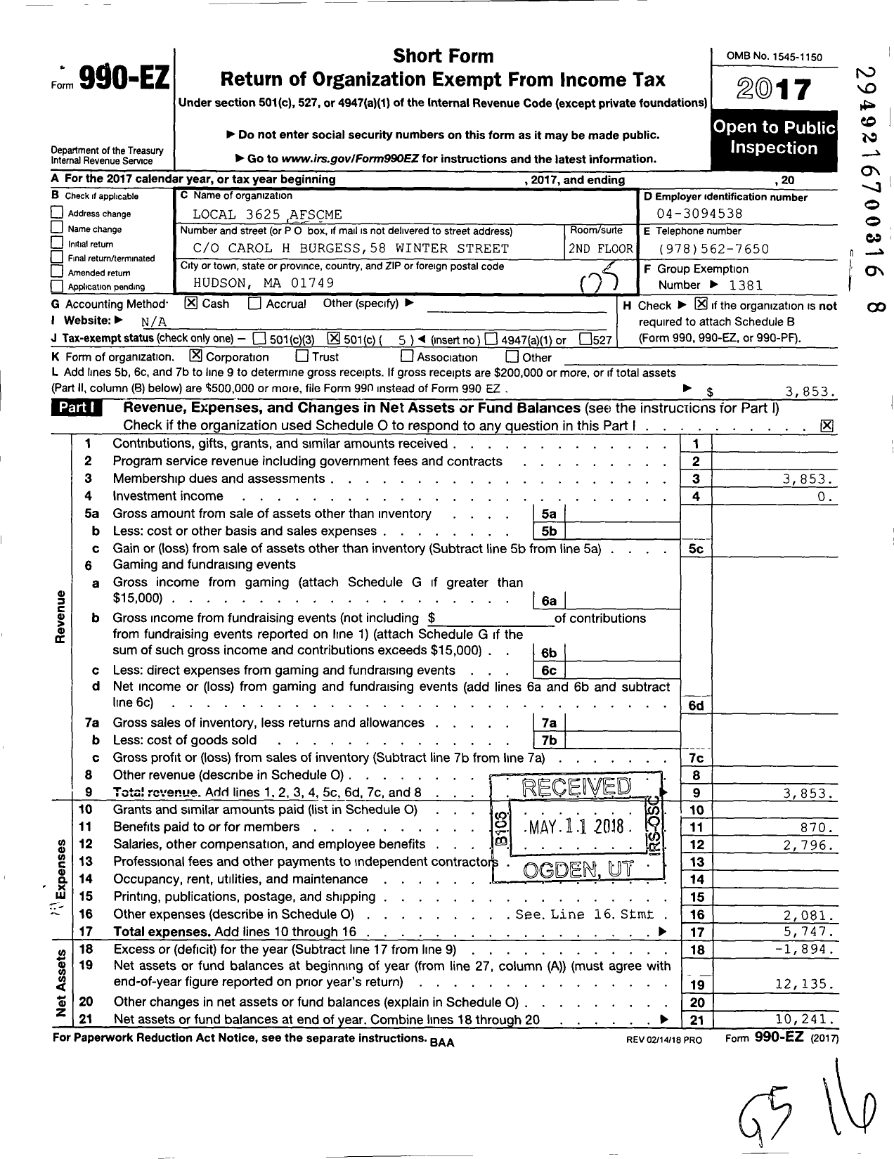 Image of first page of 2017 Form 990EO for American Federation of State County & Municipal Employees - L3625ma Hudson Area Munic and Schoo