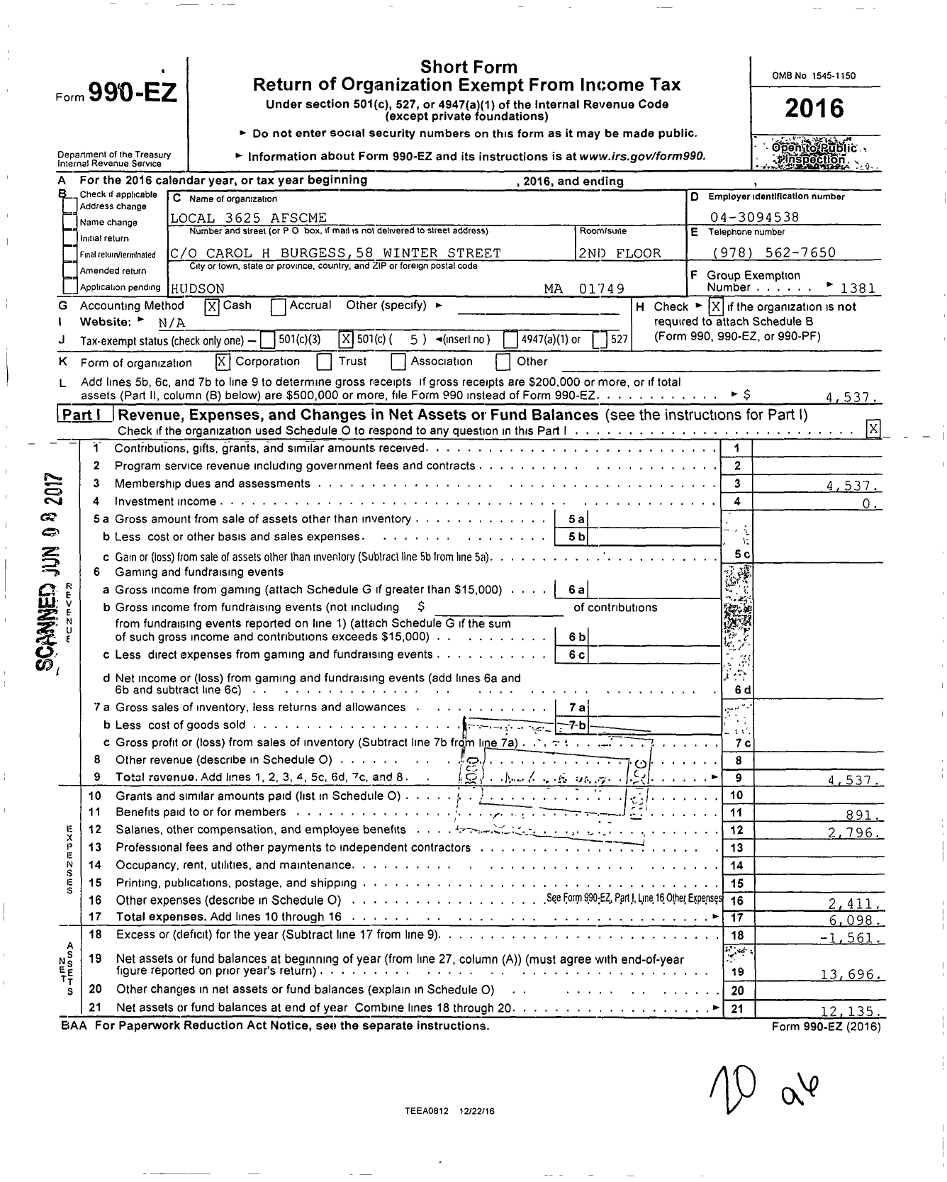 Image of first page of 2016 Form 990EO for American Federation of State County & Municipal Employees - L3625ma Hudson Area Munic and Schoo