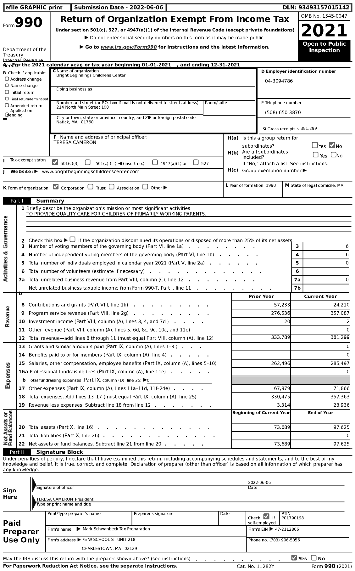 Image of first page of 2021 Form 990 for Bright Beginnings Childrens Center