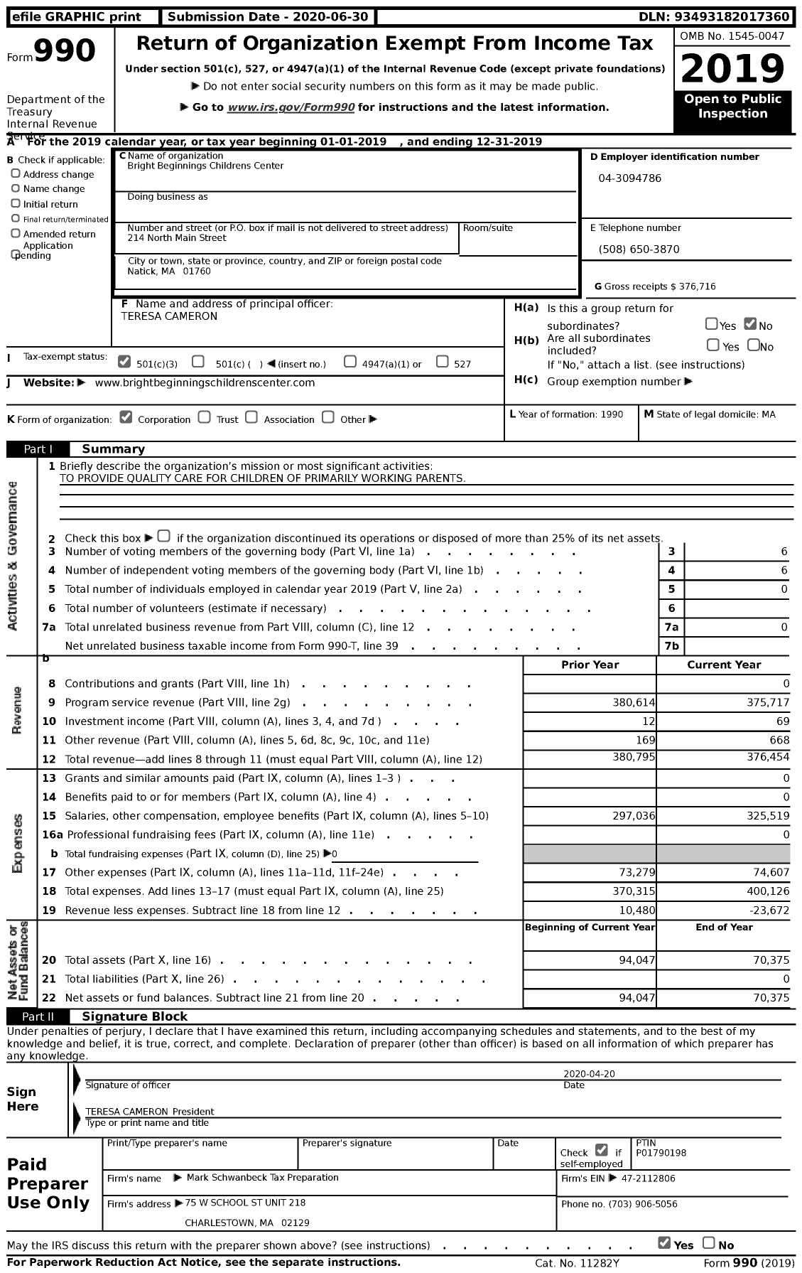 Image of first page of 2019 Form 990 for Bright Beginnings Childrens Center