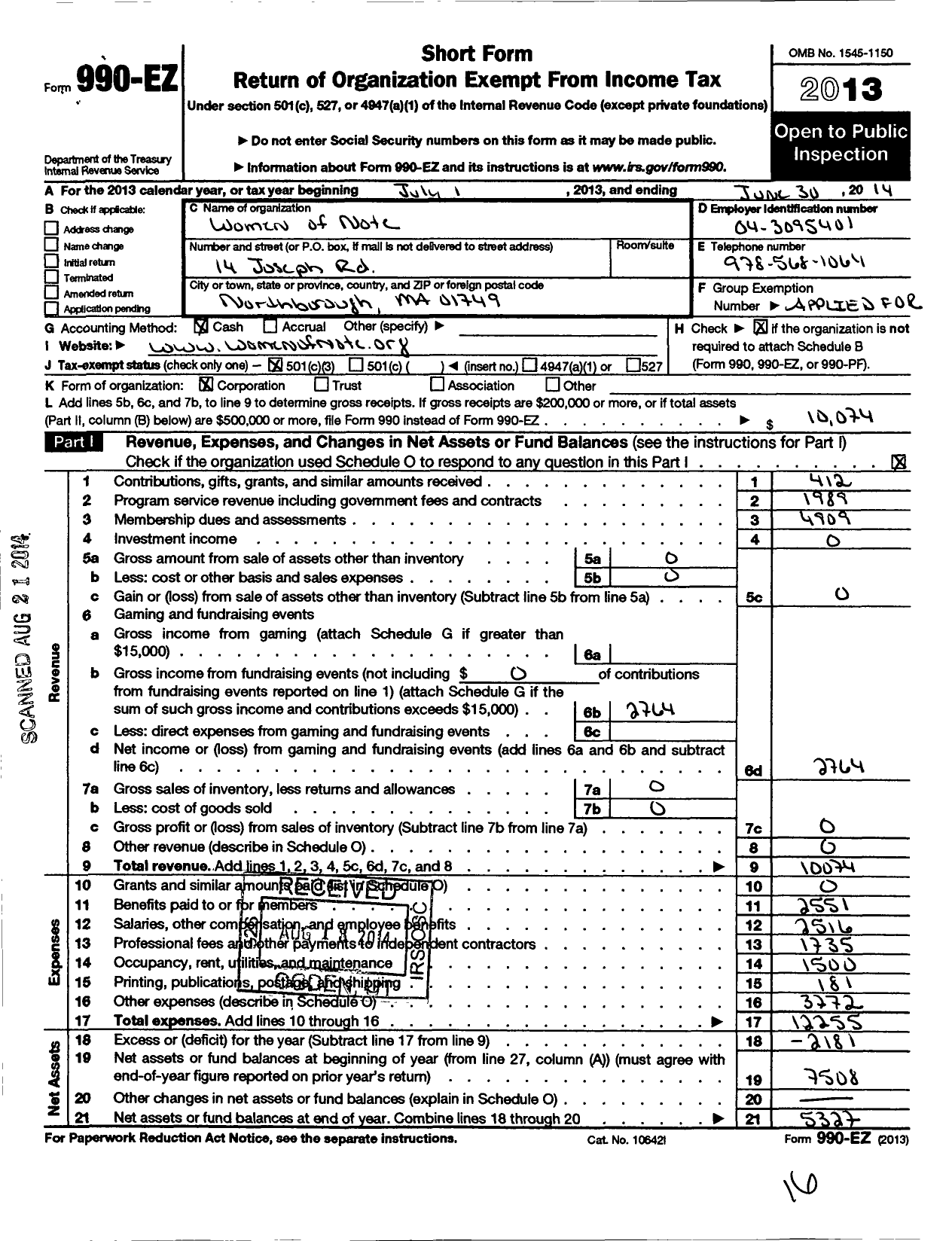 Image of first page of 2013 Form 990EZ for Harmony / Women of Note