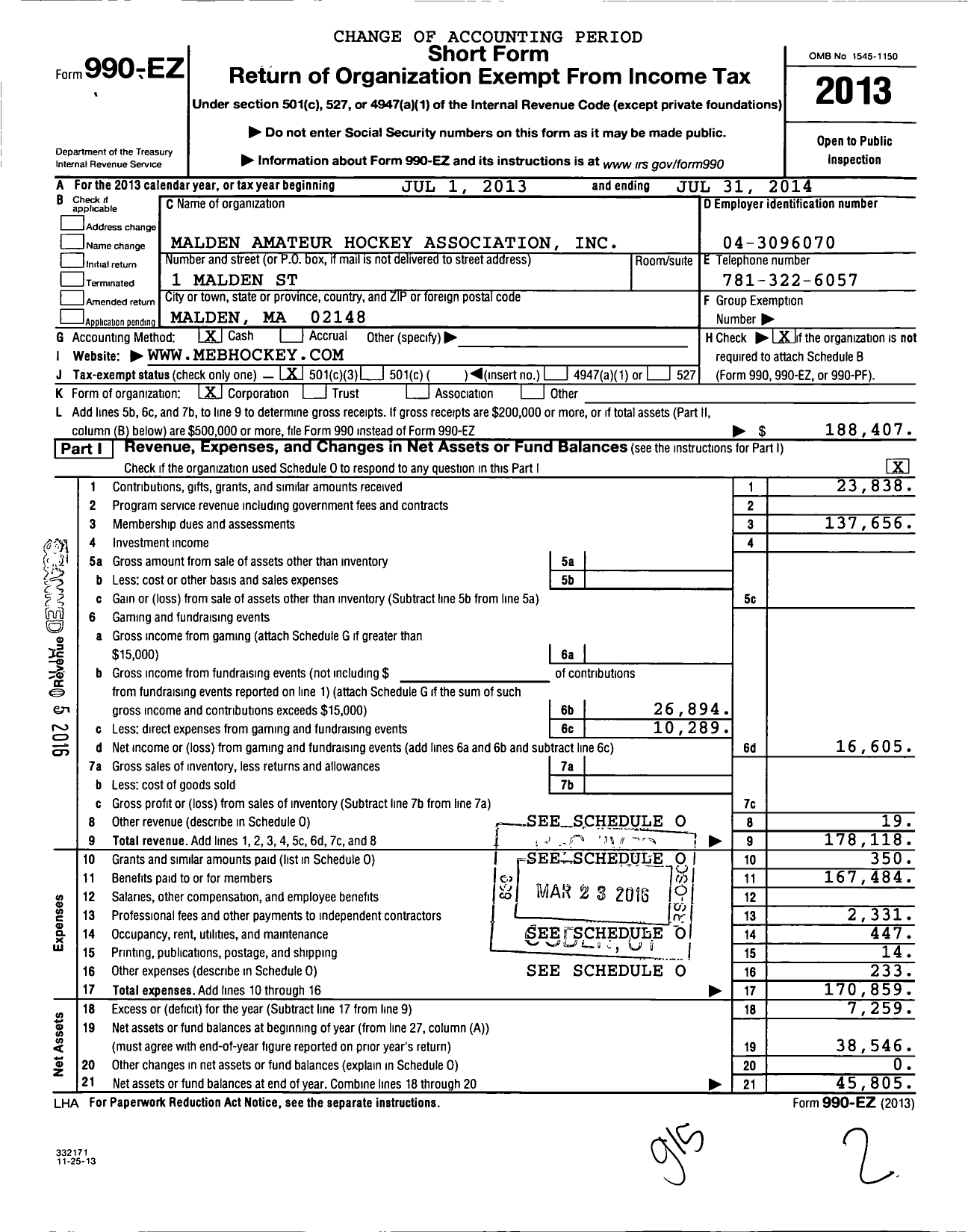 Image of first page of 2013 Form 990EZ for Malden Amateur Hockey Association