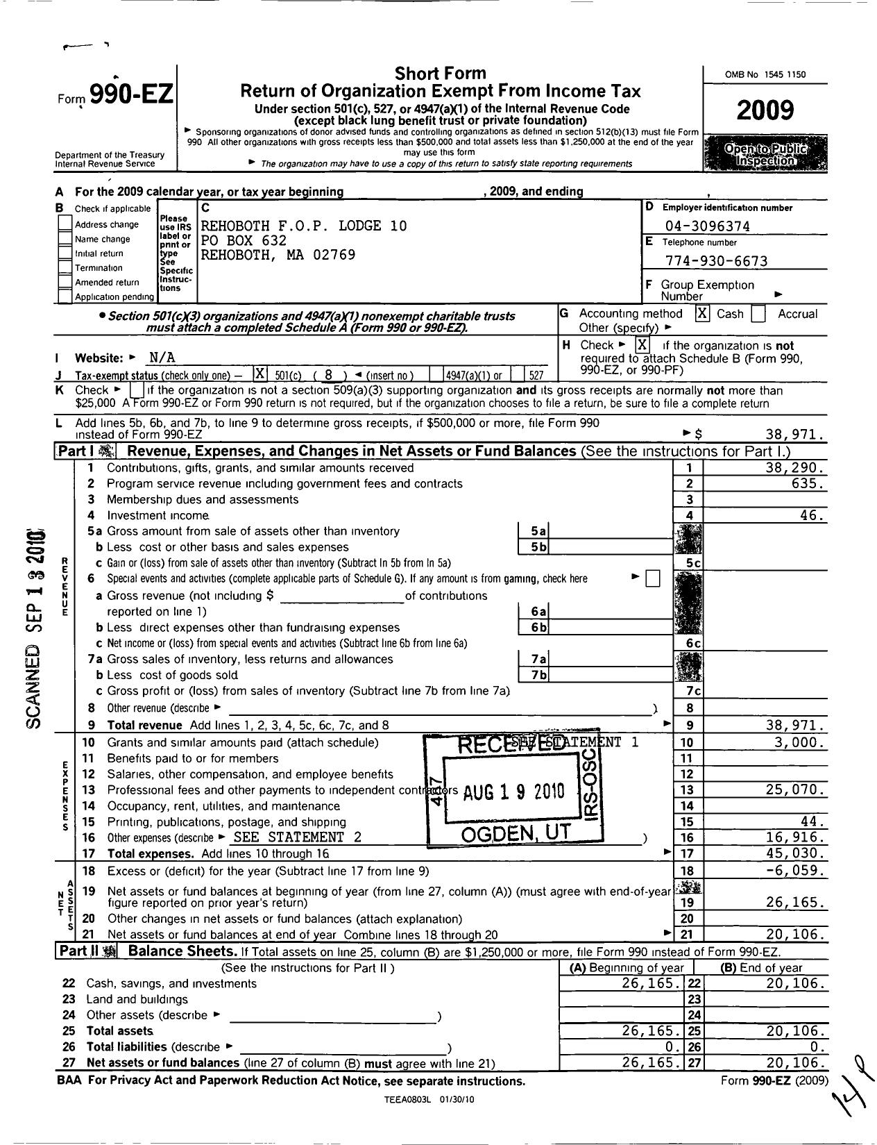 Image of first page of 2009 Form 990EO for Fraternal Order of Police - 10 Rehobath Lodge