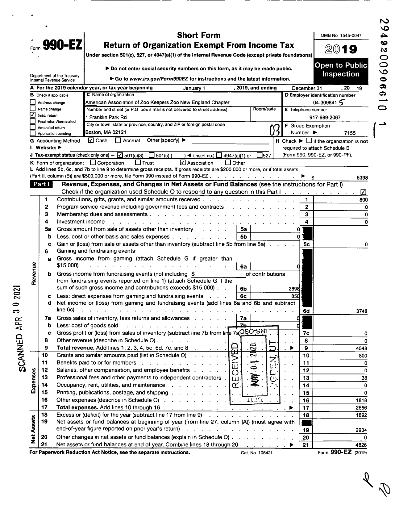 Image of first page of 2019 Form 990EZ for AMERICAN ASSOCIATION OF ZOO KEEPERS / Zoo New England Aazk Chapter