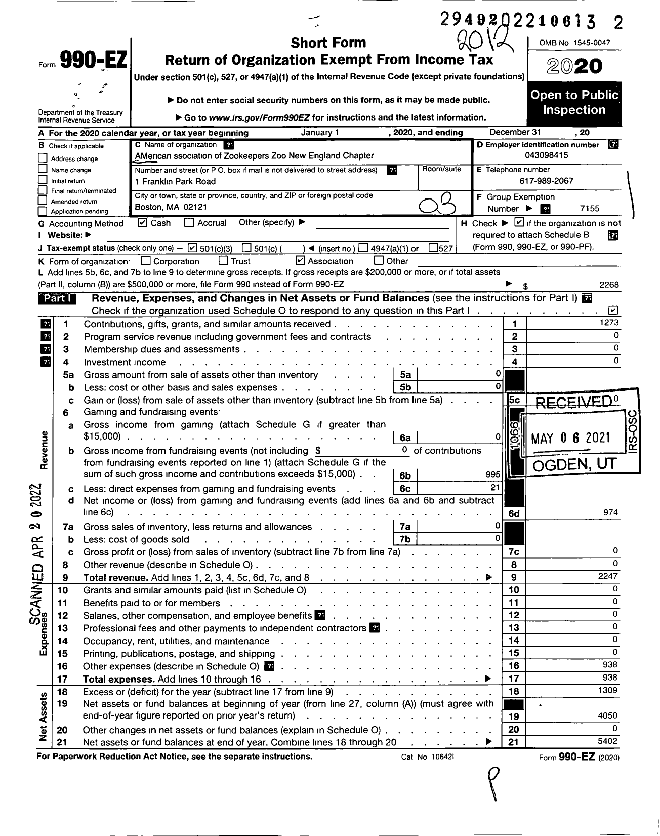 Image of first page of 2020 Form 990EZ for AMERICAN ASSOCIATION OF ZOO KEEPERS / Zoo New England Aazk Chapter