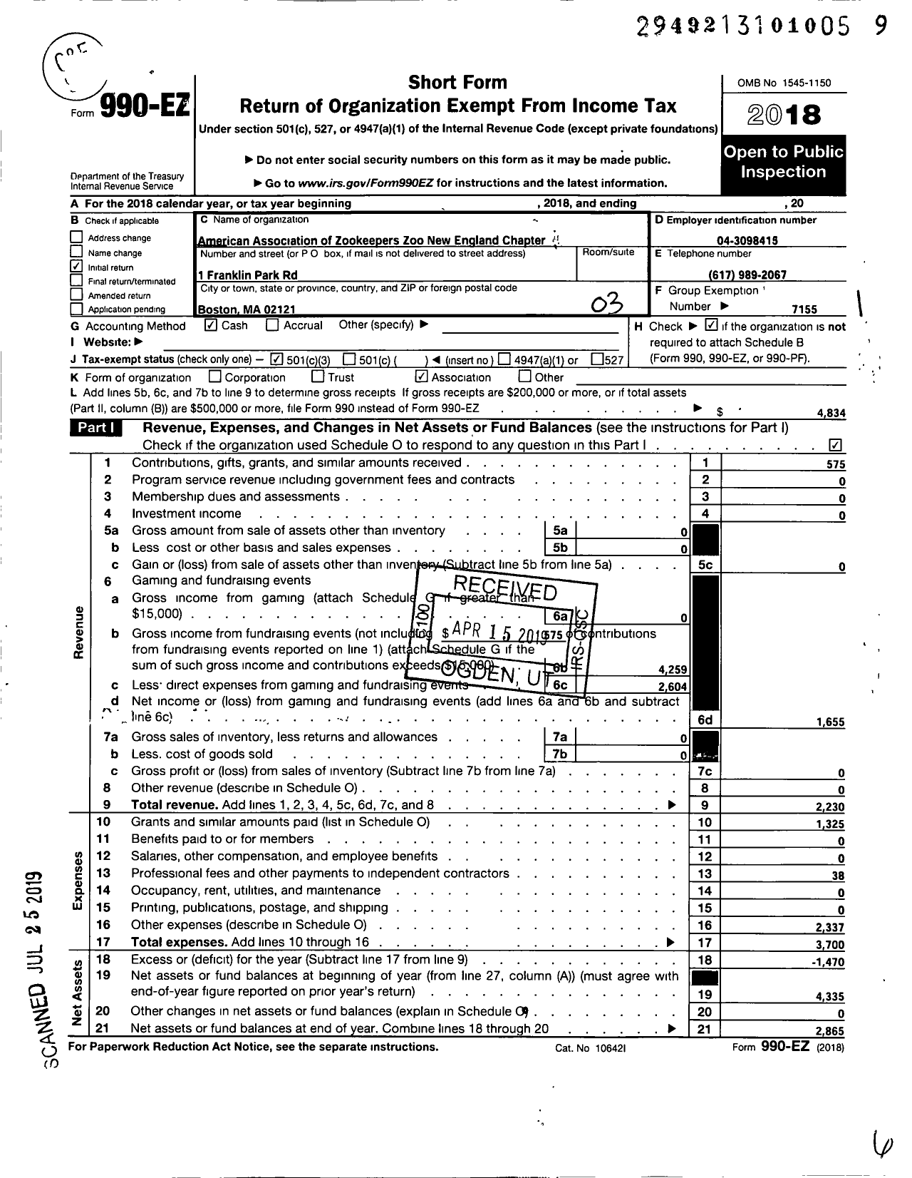 Image of first page of 2018 Form 990EZ for AMERICAN ASSOCIATION OF ZOO KEEPERS / Zoo New England Aazk Chapter