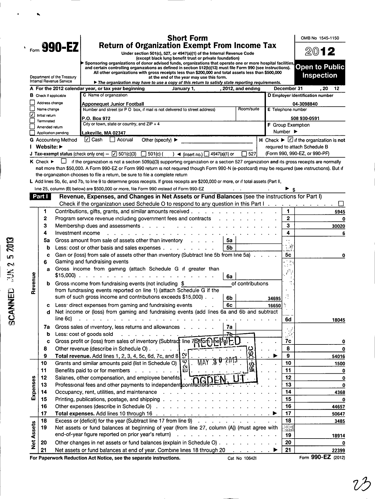 Image of first page of 2012 Form 990EZ for Apponequet JR Football