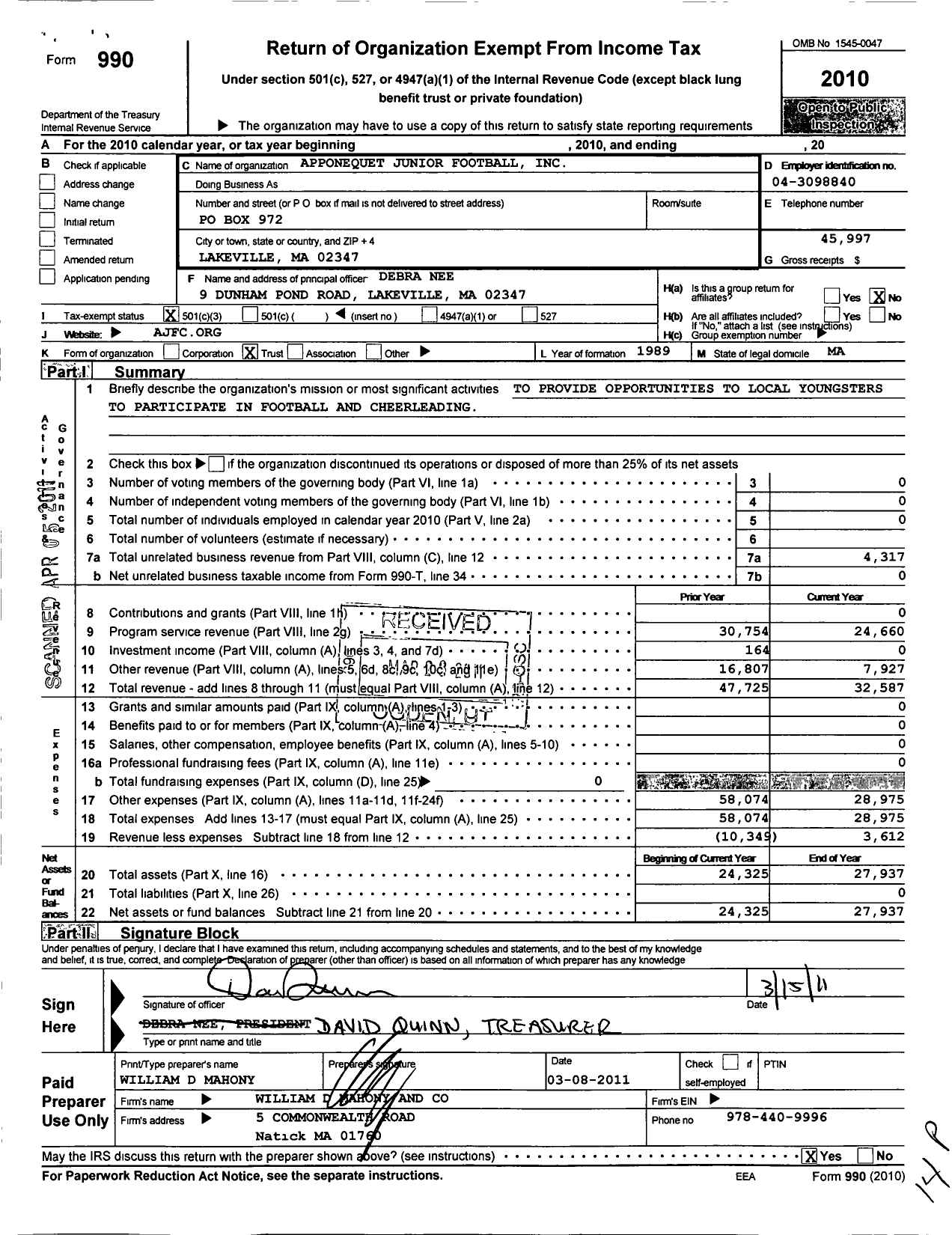 Image of first page of 2010 Form 990 for Apponequet JR Football