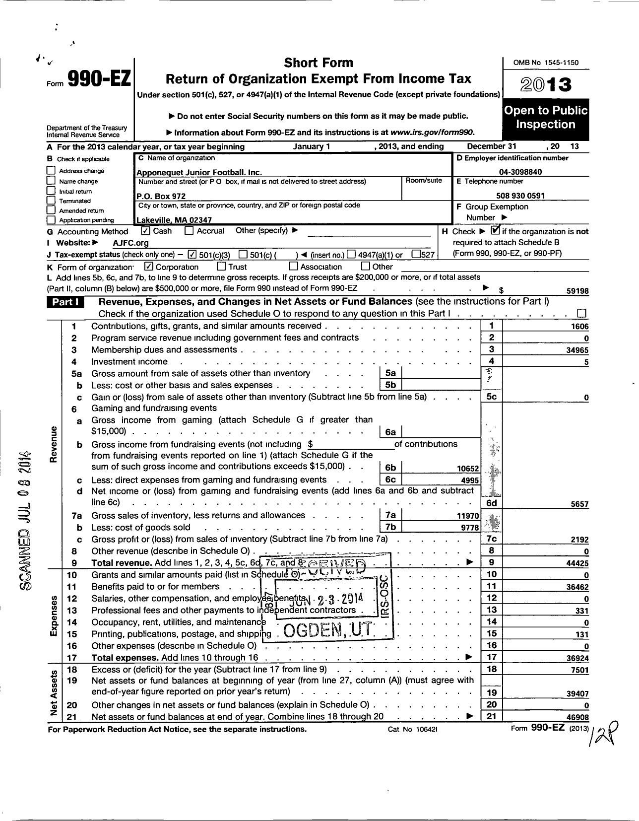 Image of first page of 2013 Form 990EZ for Apponequet JR Football