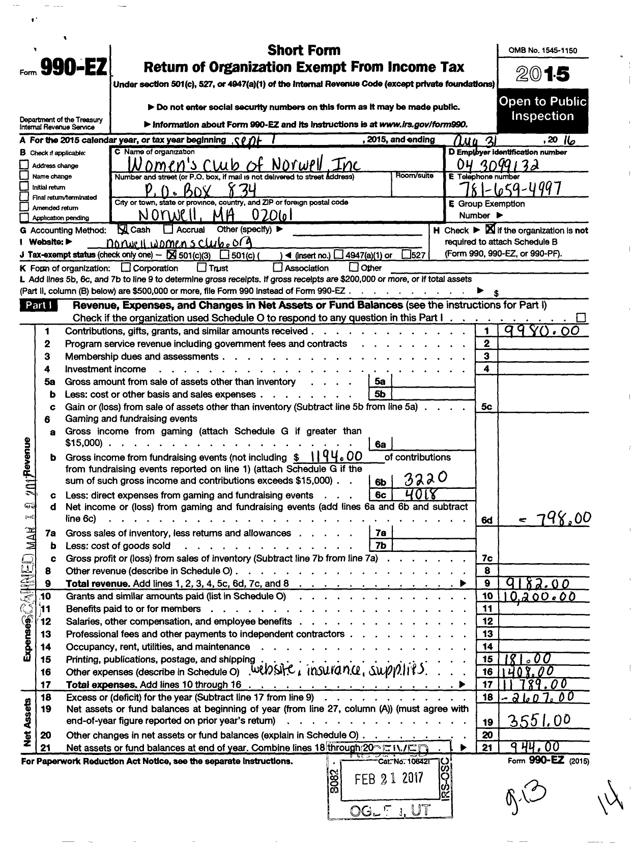 Image of first page of 2015 Form 990EZ for Womens Club of Norwell