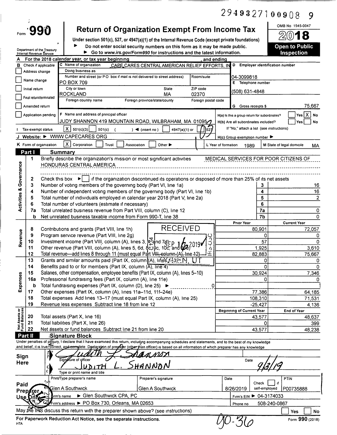 Image of first page of 2018 Form 990 for Cape Cares Central American Relief Efforts