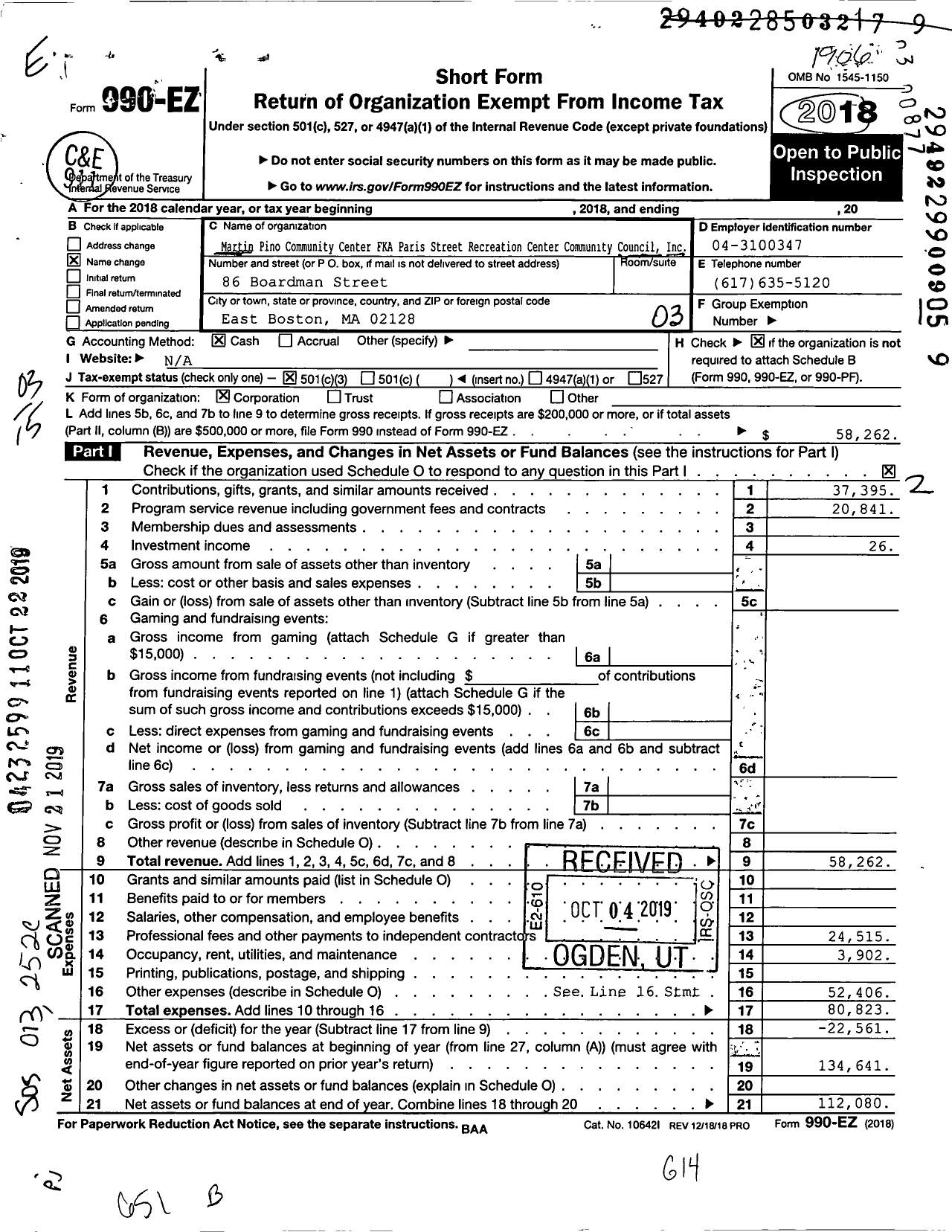 Image of first page of 2018 Form 990EZ for Martin Pino Community Center Council