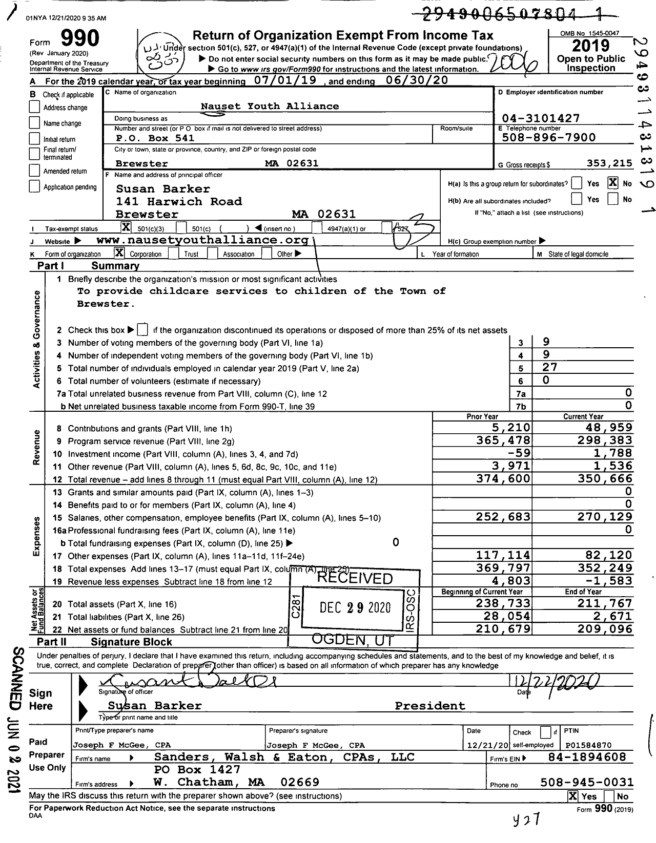 Image of first page of 2019 Form 990 for Nauset Youth Alliance