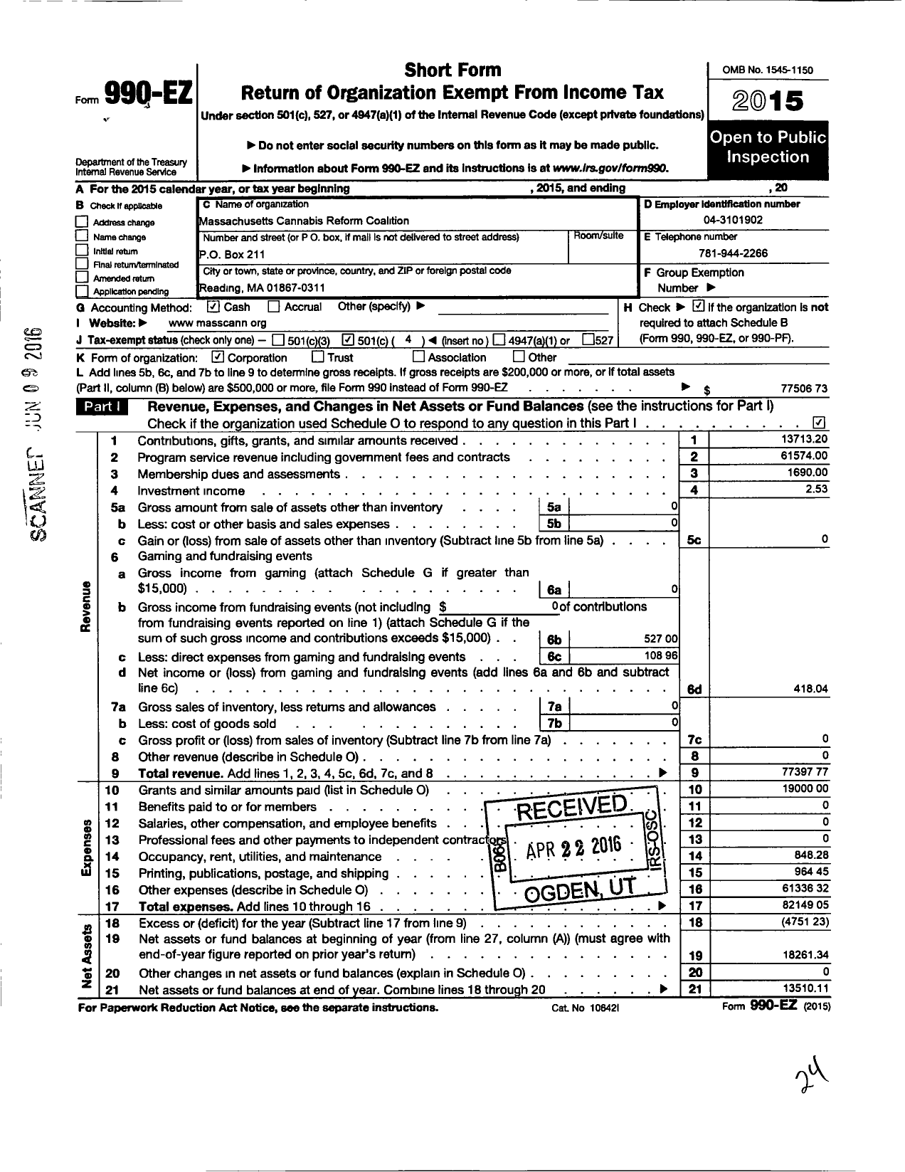 Image of first page of 2015 Form 990EO for Massachusetts Cannabis Reform Coalition