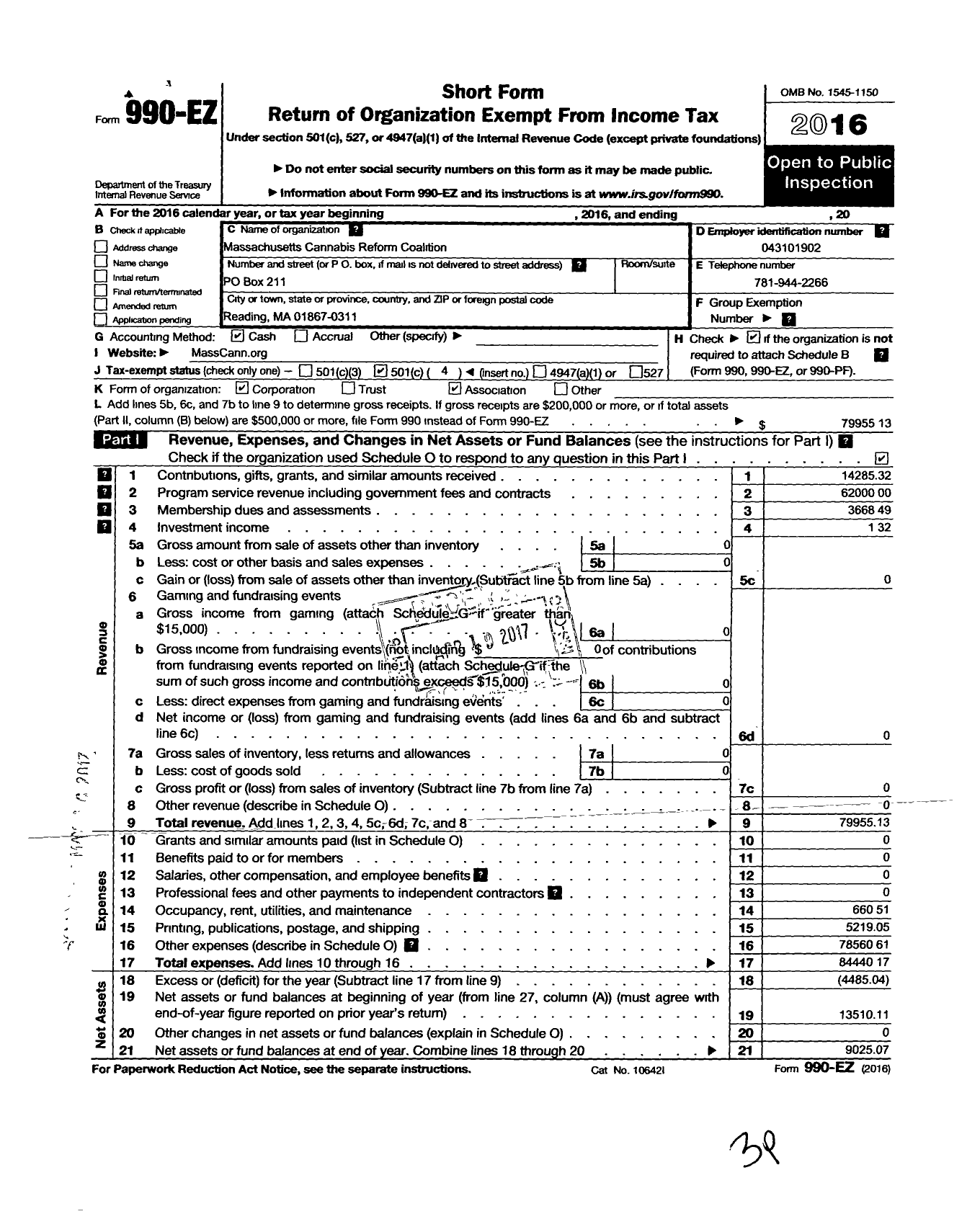 Image of first page of 2016 Form 990EO for Massachusetts Cannabis Reform Coalition