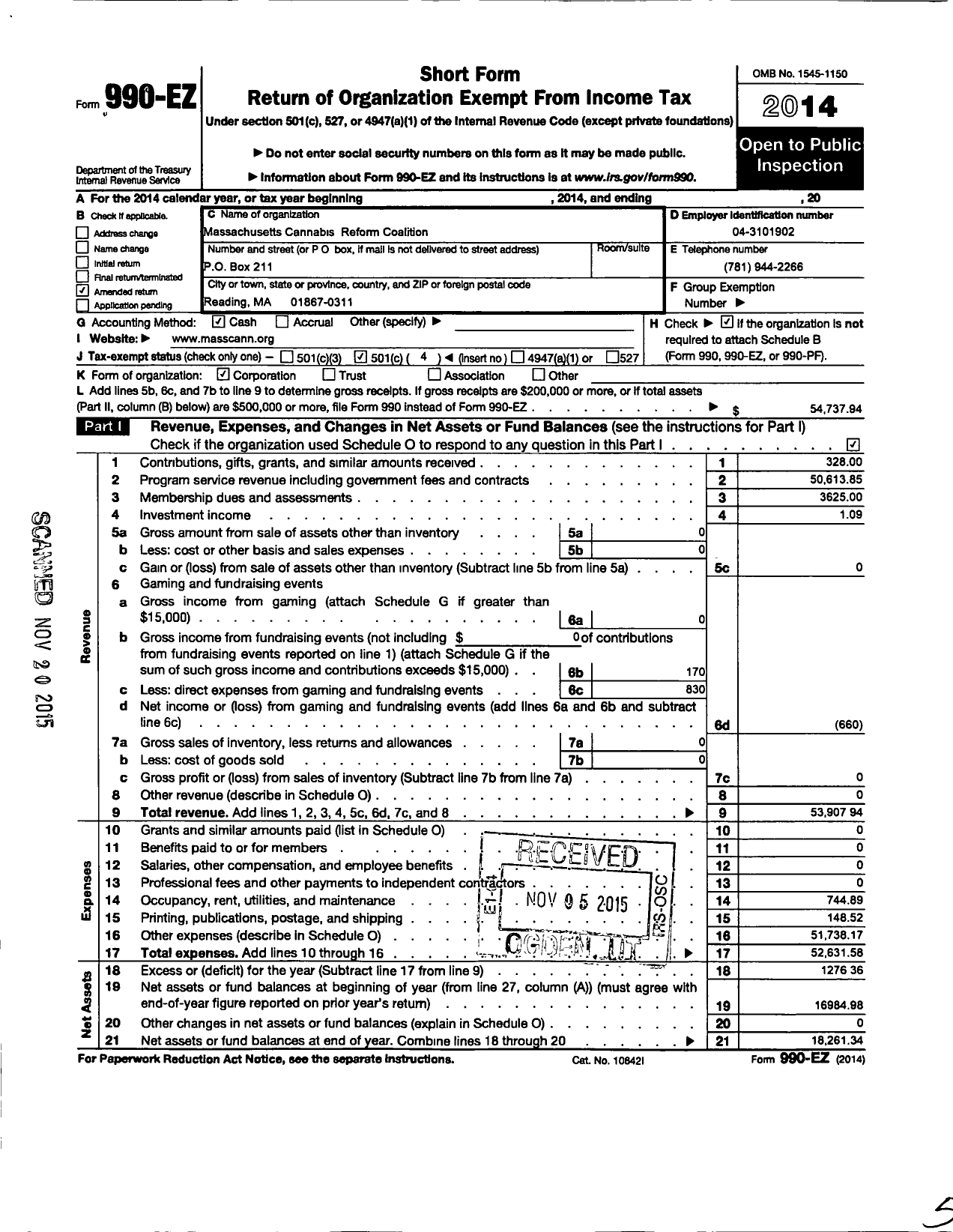 Image of first page of 2014 Form 990EO for Massachusetts Cannabis Reform Coalition