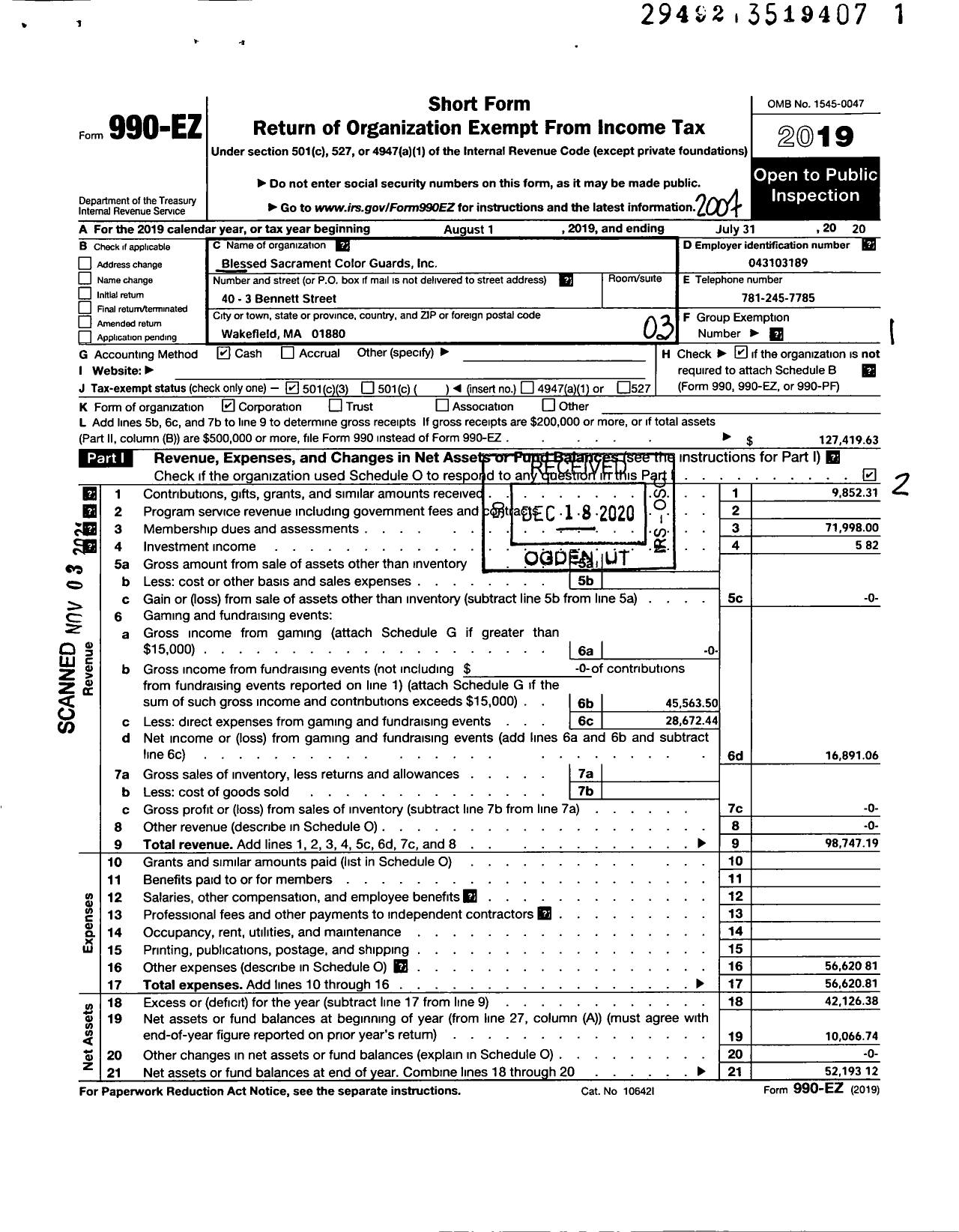 Image of first page of 2019 Form 990EZ for Blessed Sacrament Color Guards