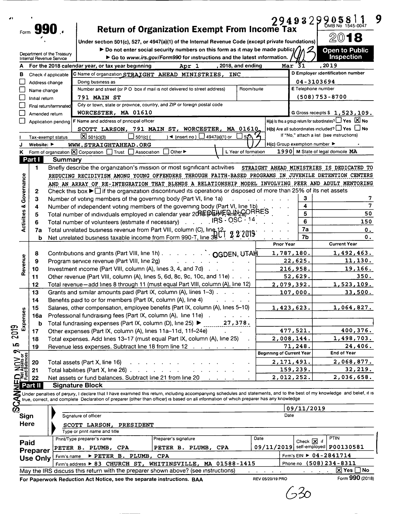 Image of first page of 2018 Form 990 for Straight Ahead Ministries