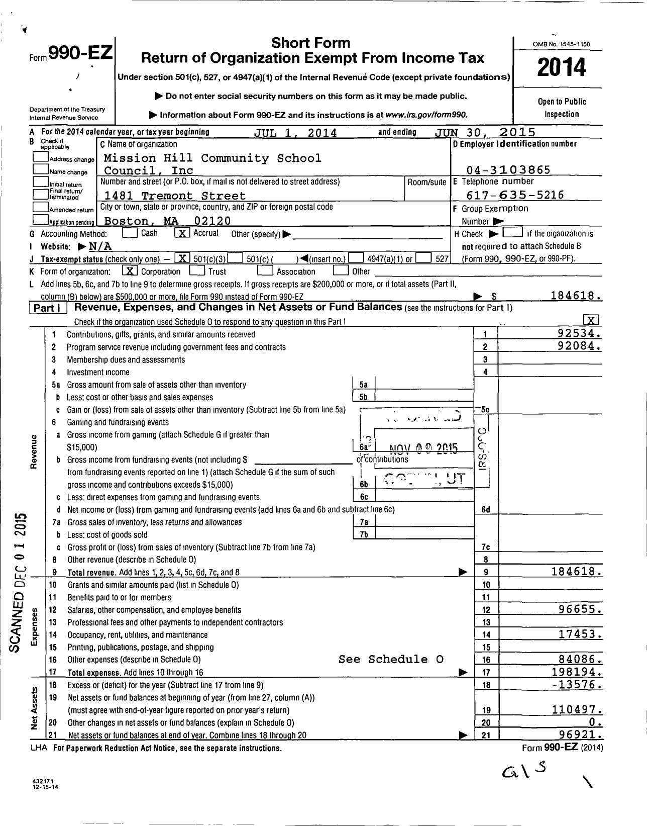 Image of first page of 2014 Form 990EZ for Mission Hill Community School Council