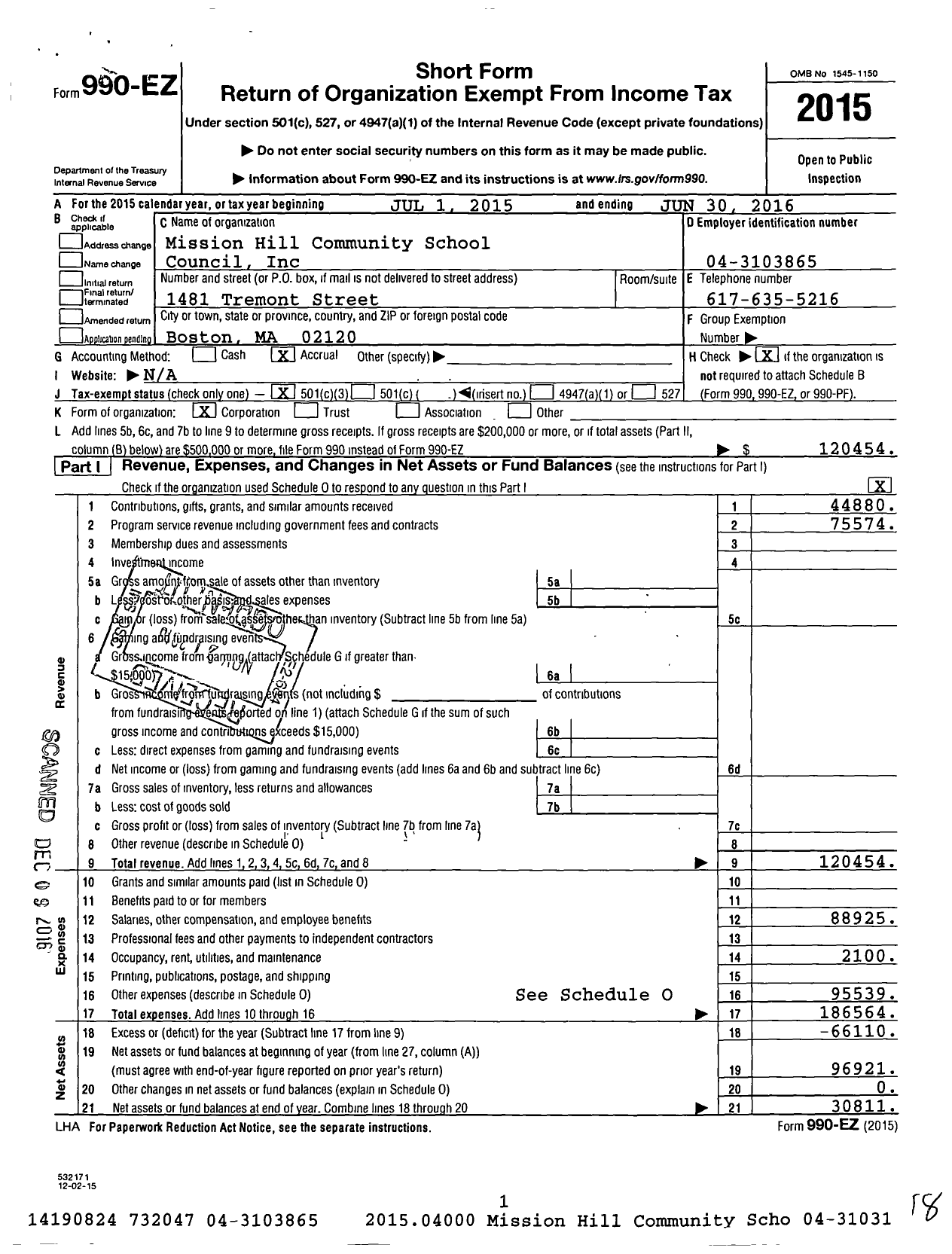 Image of first page of 2015 Form 990EZ for Mission Hill Community School Council