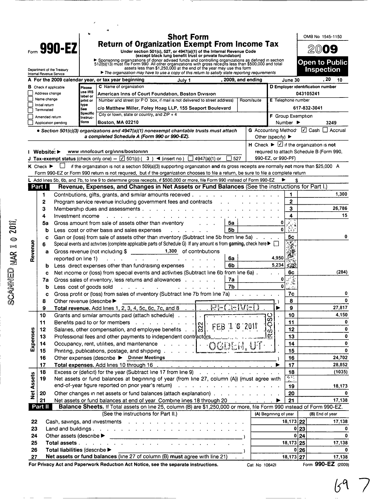 Image of first page of 2009 Form 990EZ for American Inns of Court Foundation - 30100 Boston Chapter