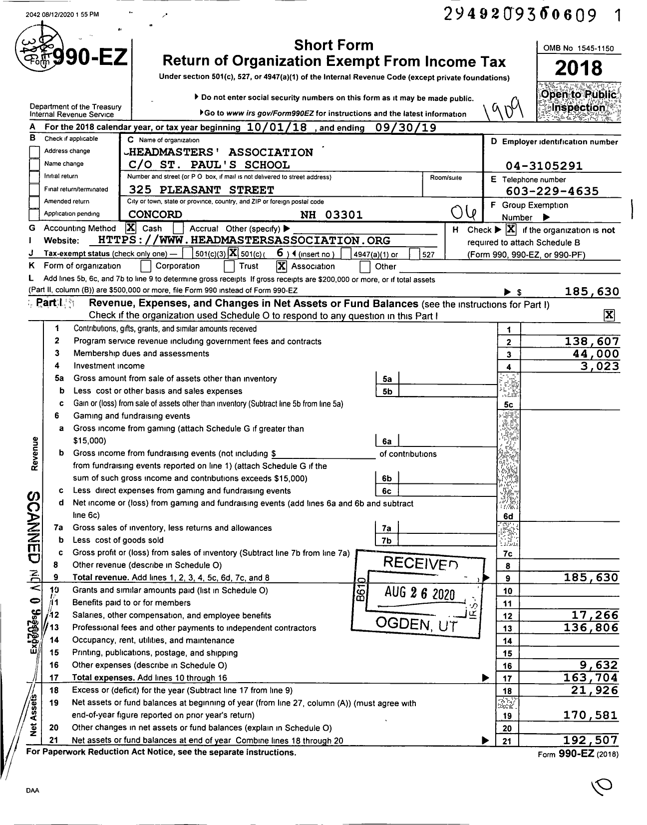 Image of first page of 2018 Form 990EO for Heads and Principals Association