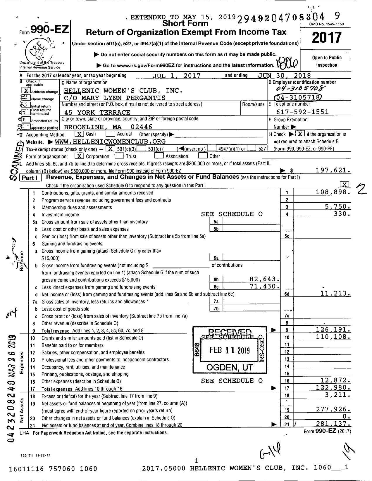 Image of first page of 2017 Form 990EZ for Hellenic Women's Club