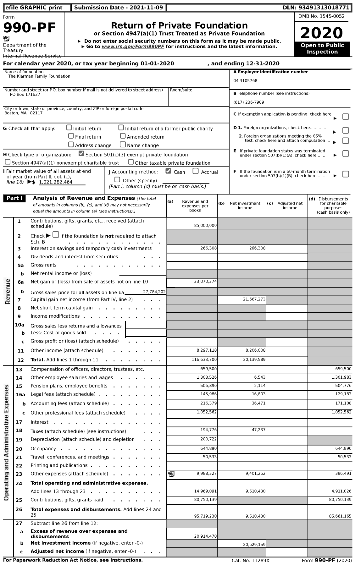 Image of first page of 2020 Form 990PF for Klarman Family Foundation