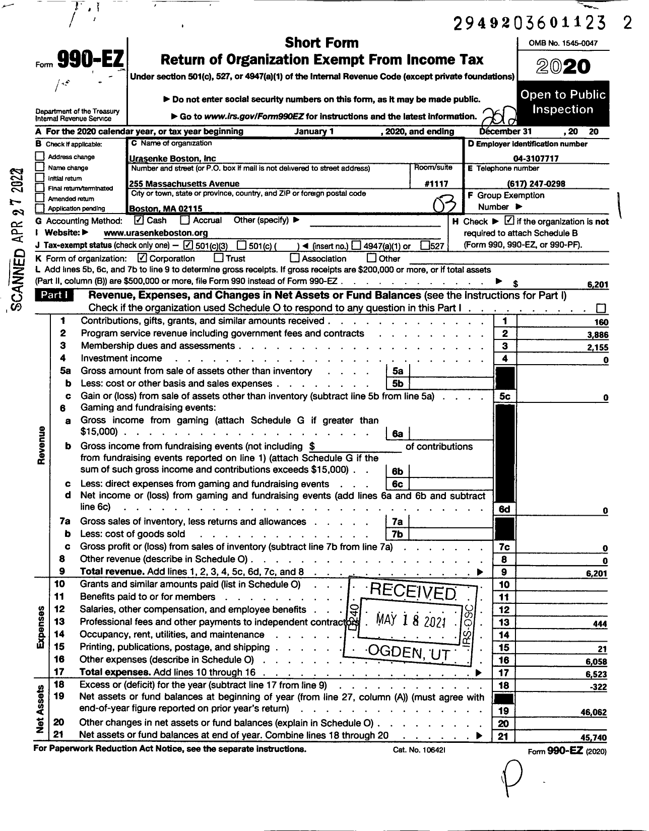 Image of first page of 2020 Form 990EZ for Urasenke Boston