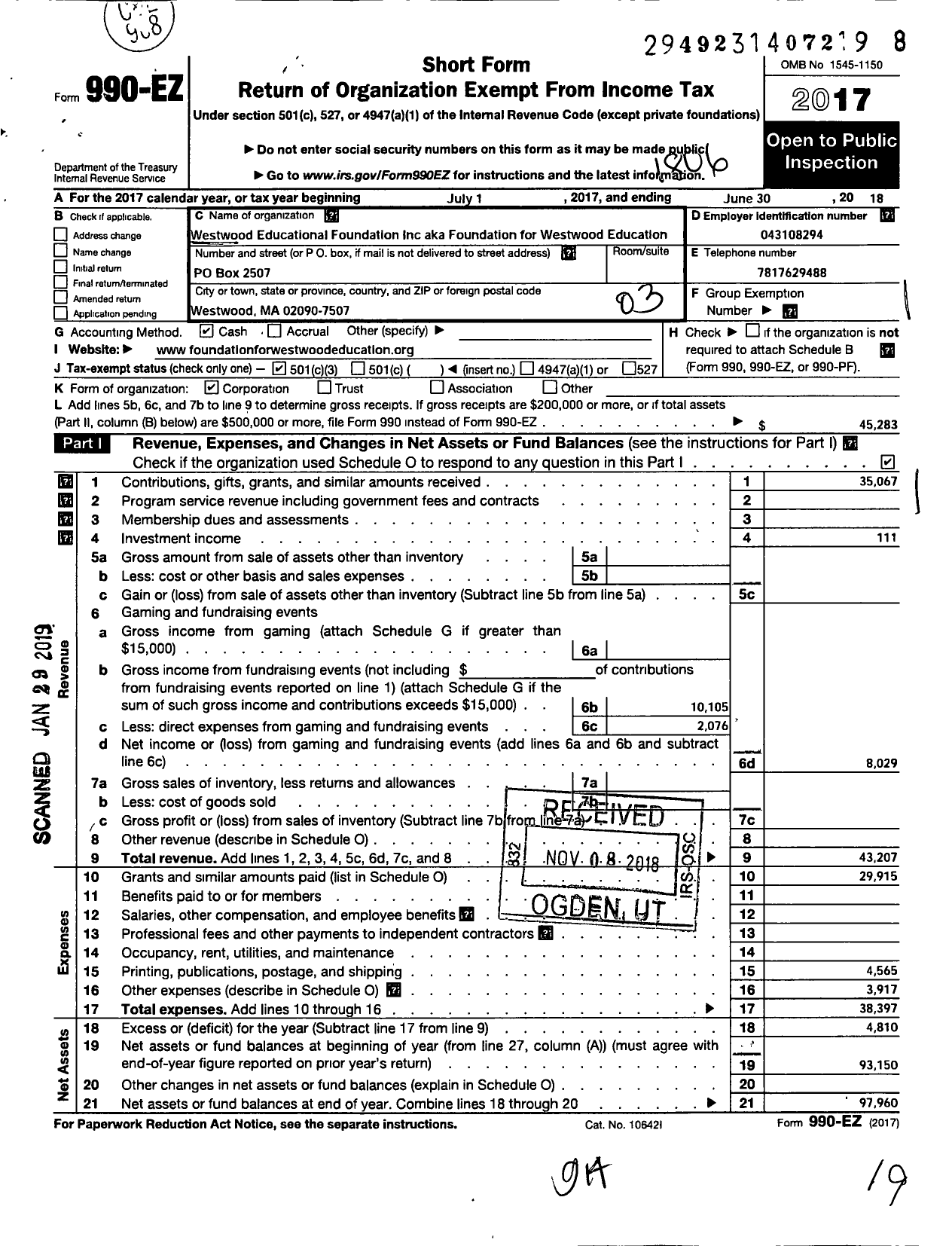 Image of first page of 2017 Form 990EZ for Westwood Educational Foundation