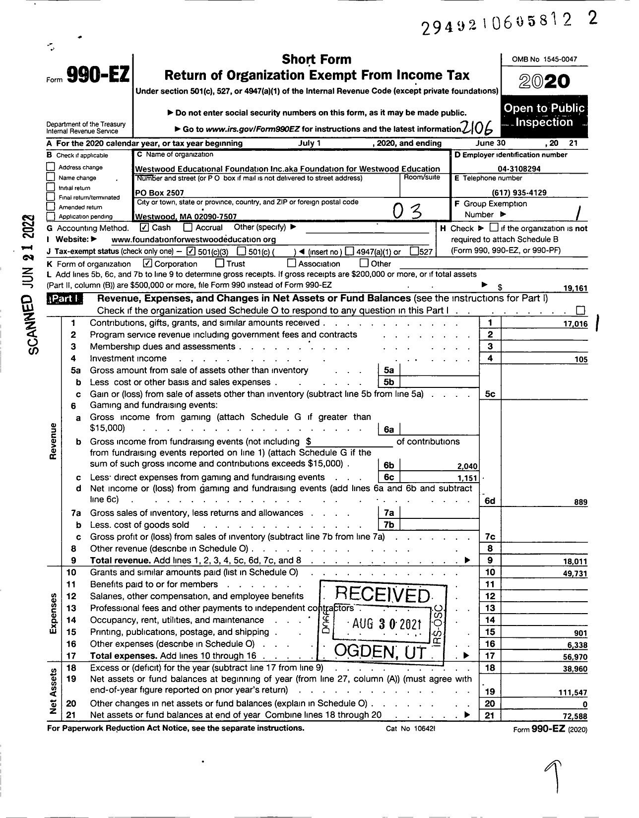 Image of first page of 2020 Form 990EZ for Westwood Educational Foundation