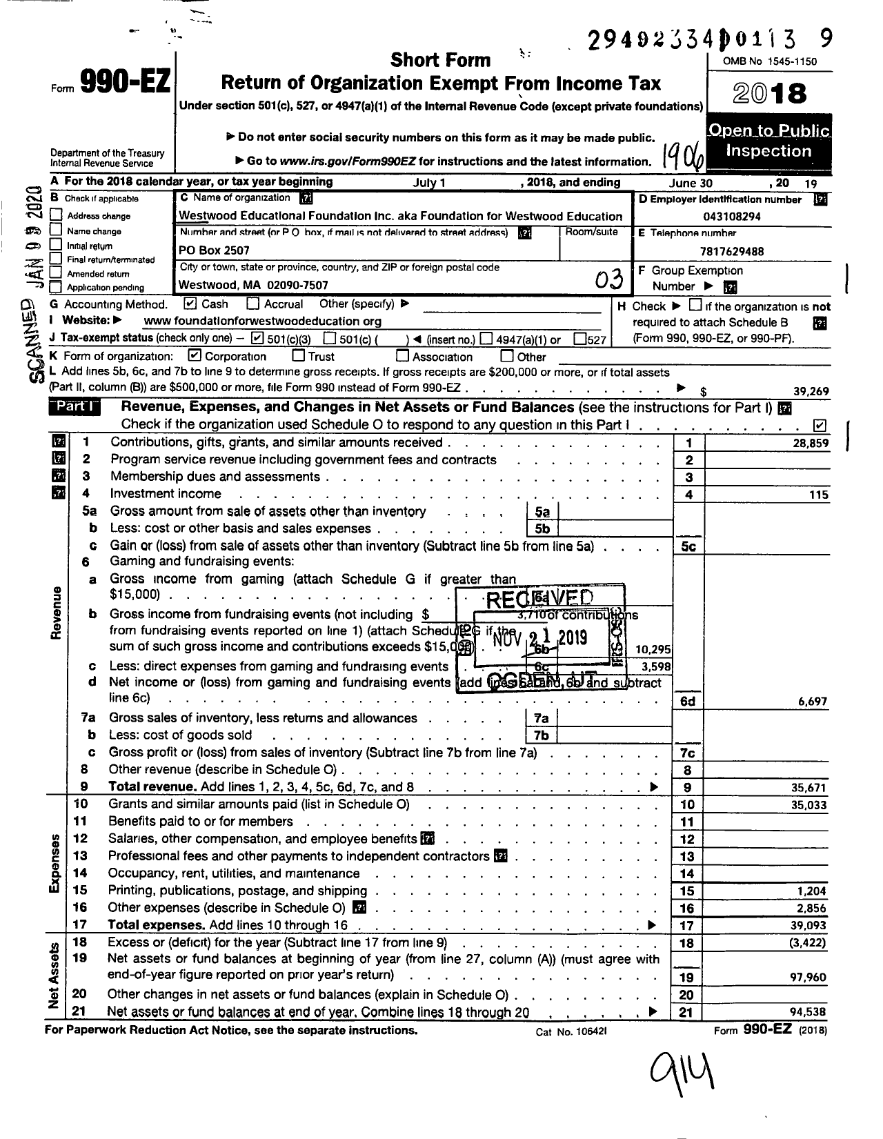 Image of first page of 2018 Form 990EZ for Westwood Educational Foundation