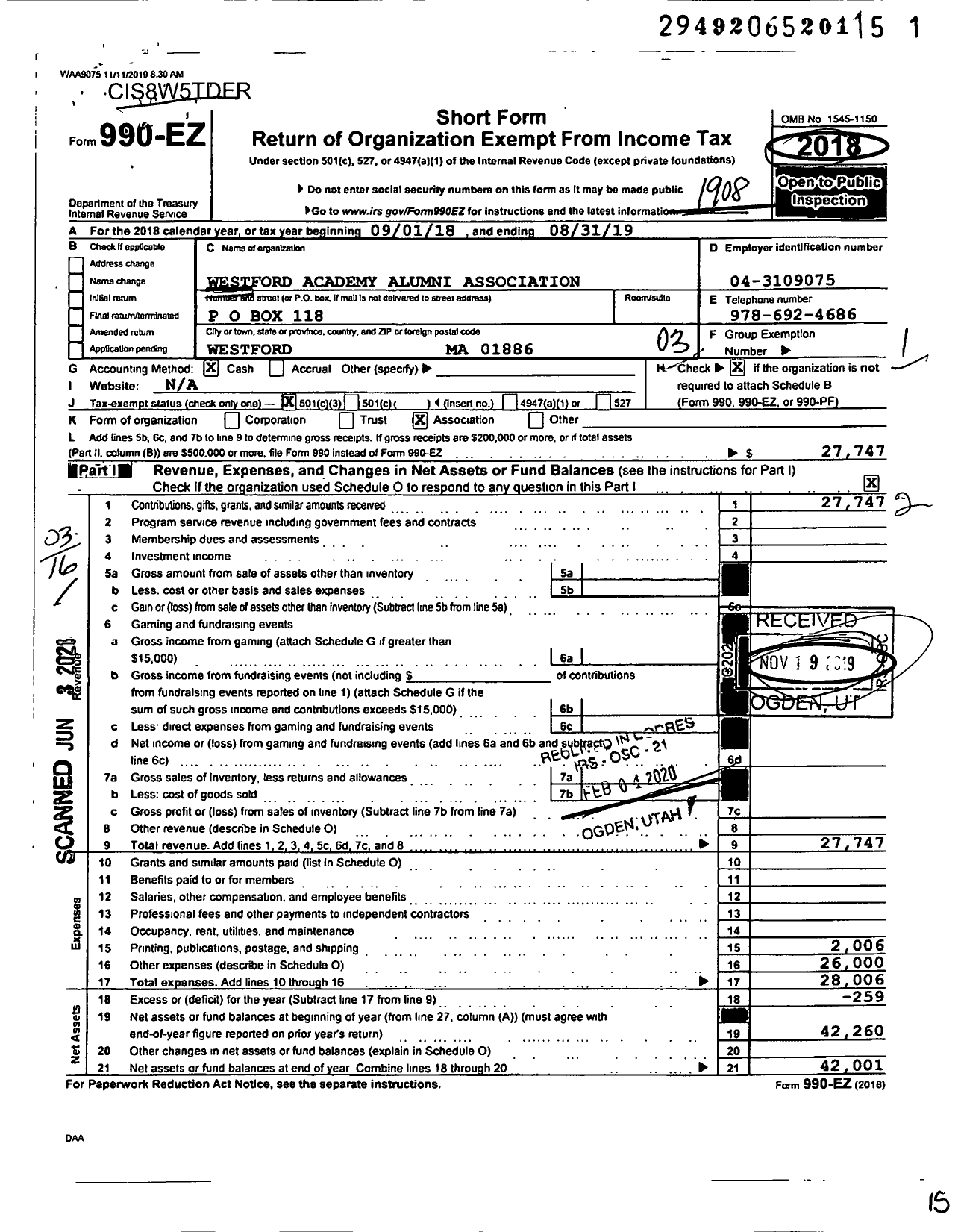 Image of first page of 2018 Form 990EZ for Westford Academy Alumni Association