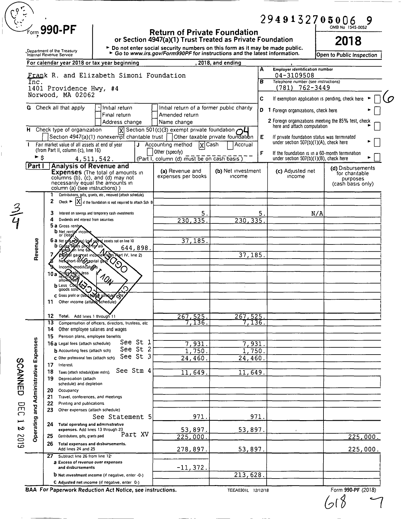 Image of first page of 2018 Form 990PF for Frank R and Elizabeth Simoni Foundation