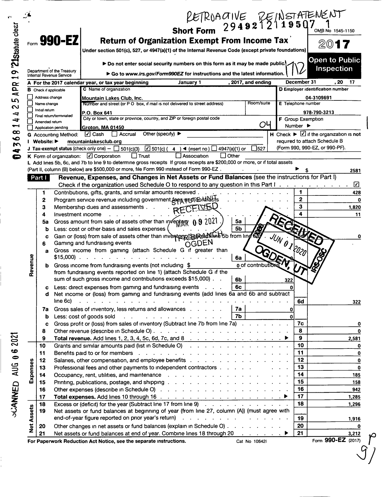 Image of first page of 2017 Form 990EO for Mountain Lake Club