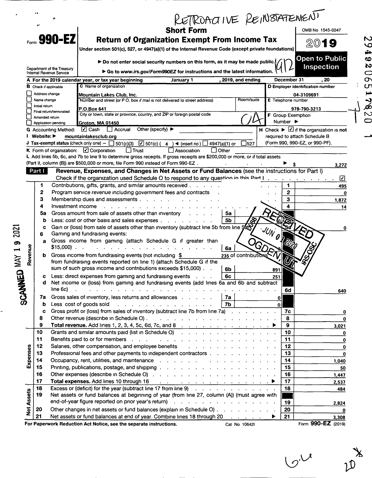 Image of first page of 2019 Form 990EO for Mountain Lake Club