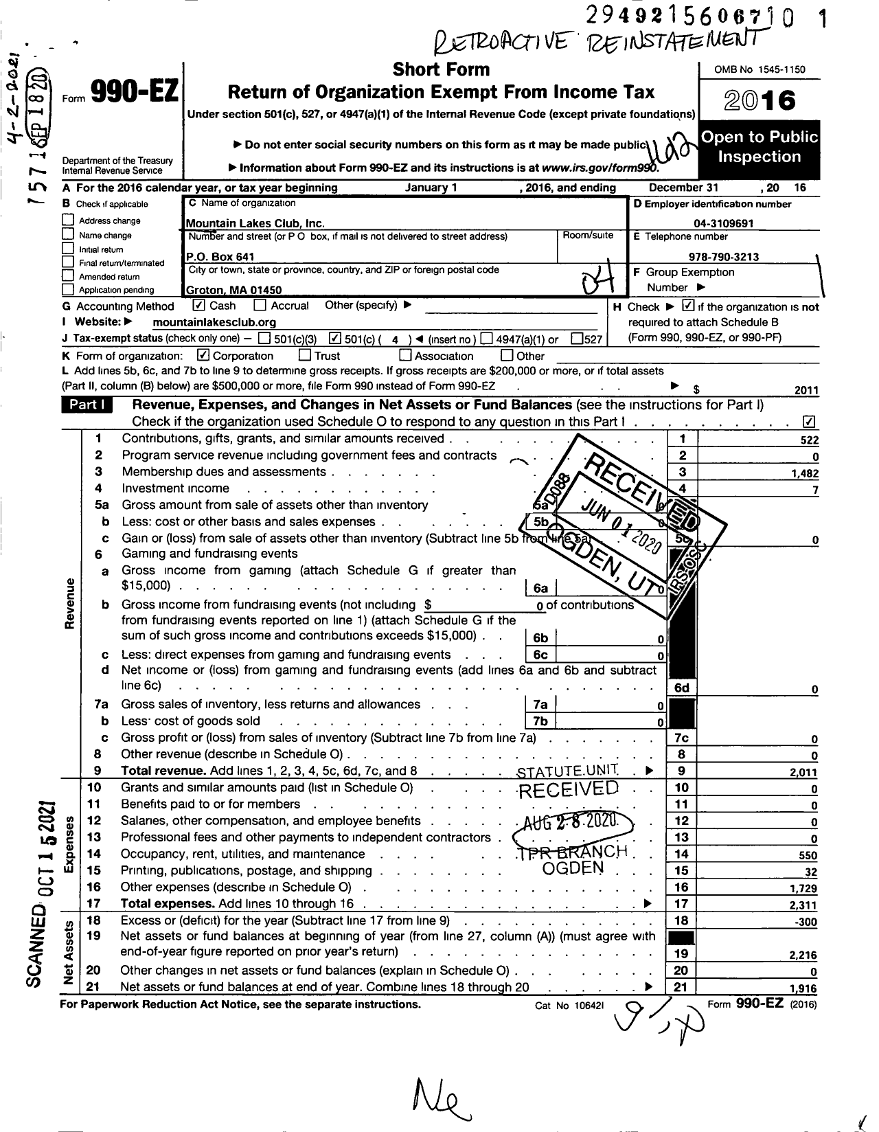 Image of first page of 2016 Form 990EO for Mountain Lake Club