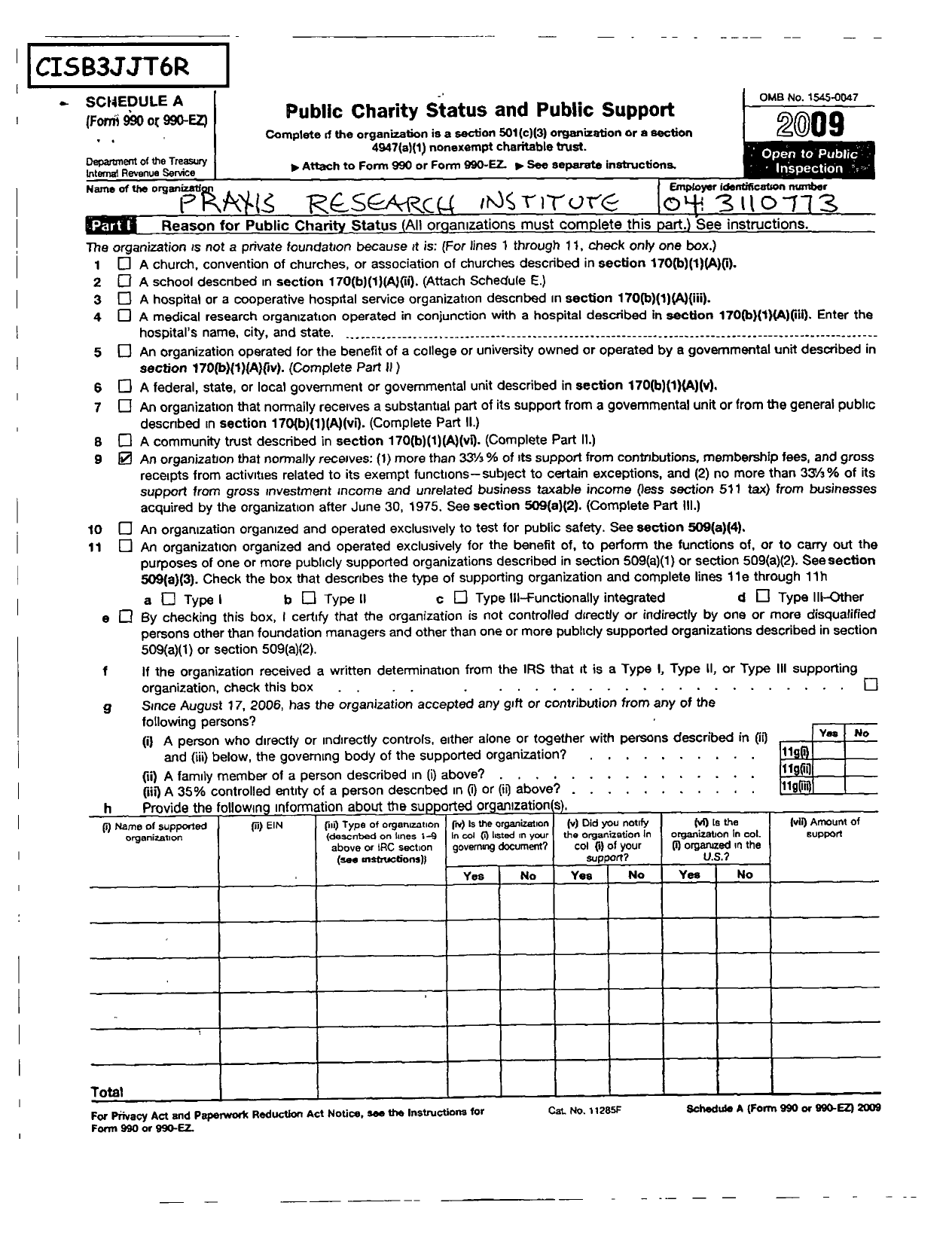 Image of first page of 2009 Form 990ER for Praxis Research Institute