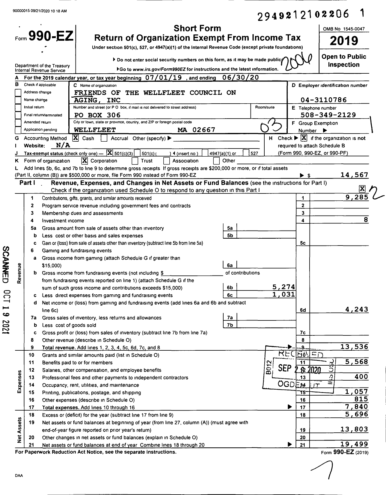 Image of first page of 2019 Form 990EZ for Friends of the Wellfleet Council on Aging