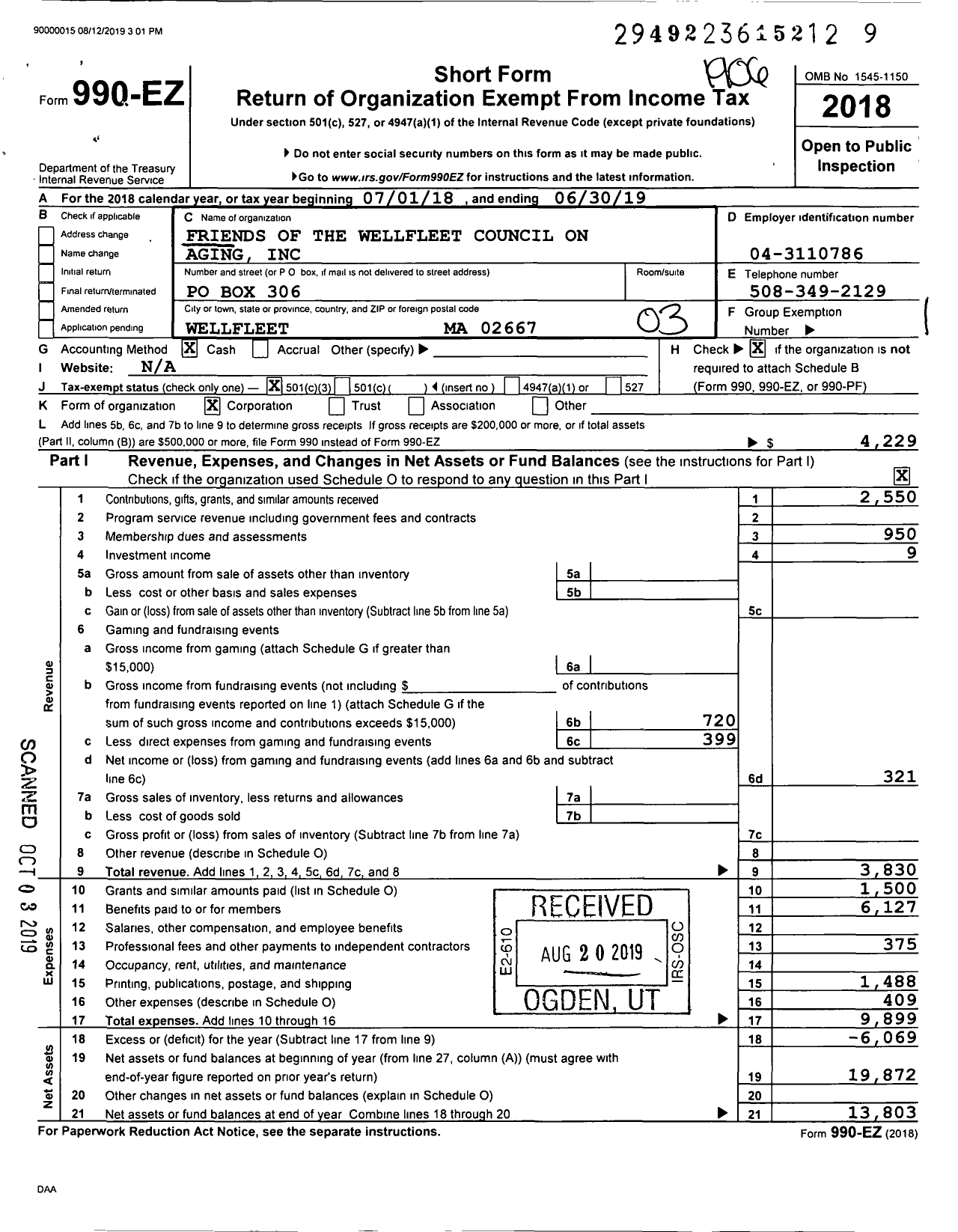 Image of first page of 2018 Form 990EZ for Friends of the Wellfleet Council on Aging