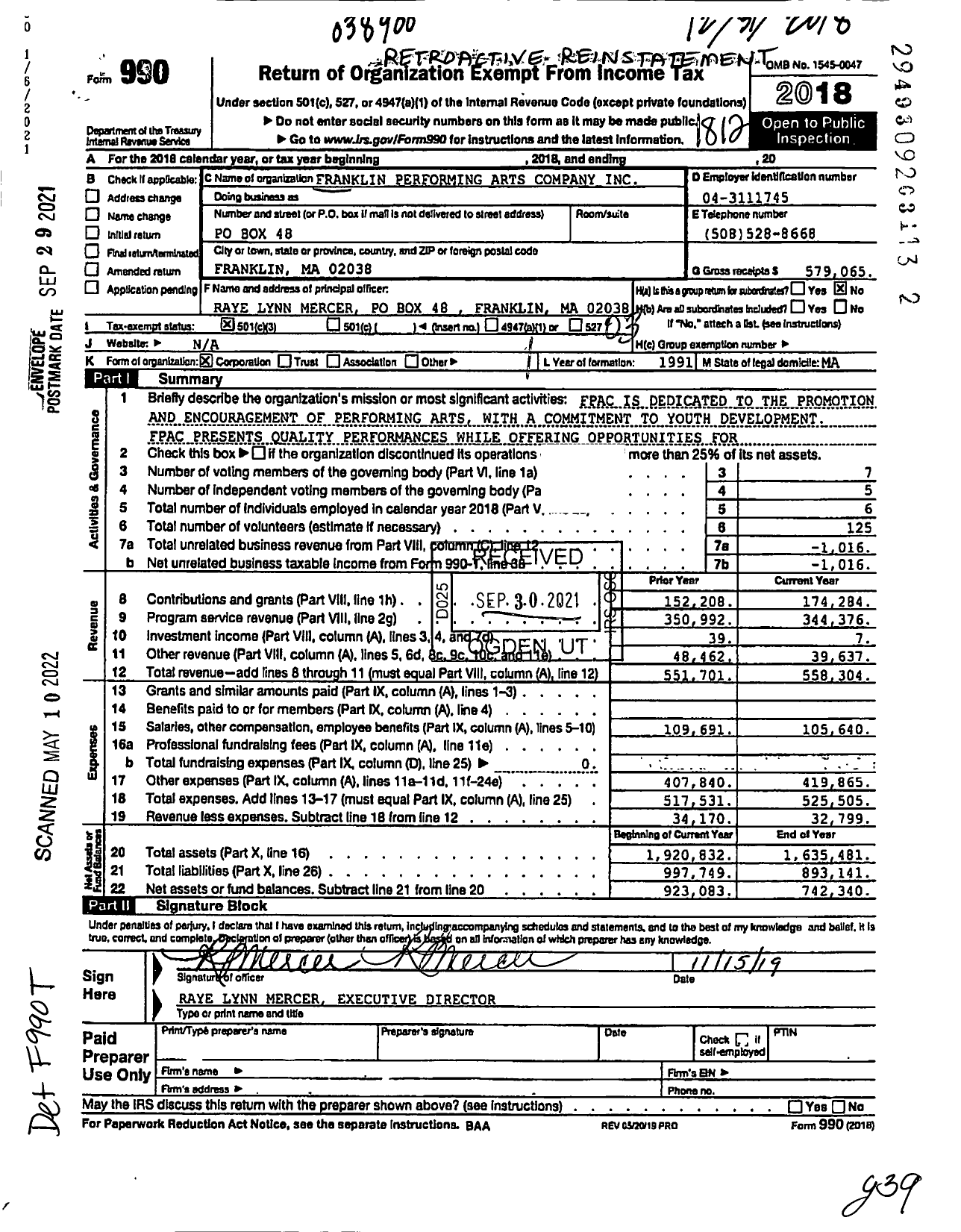 Image of first page of 2018 Form 990 for Franklin Performing Arts Company