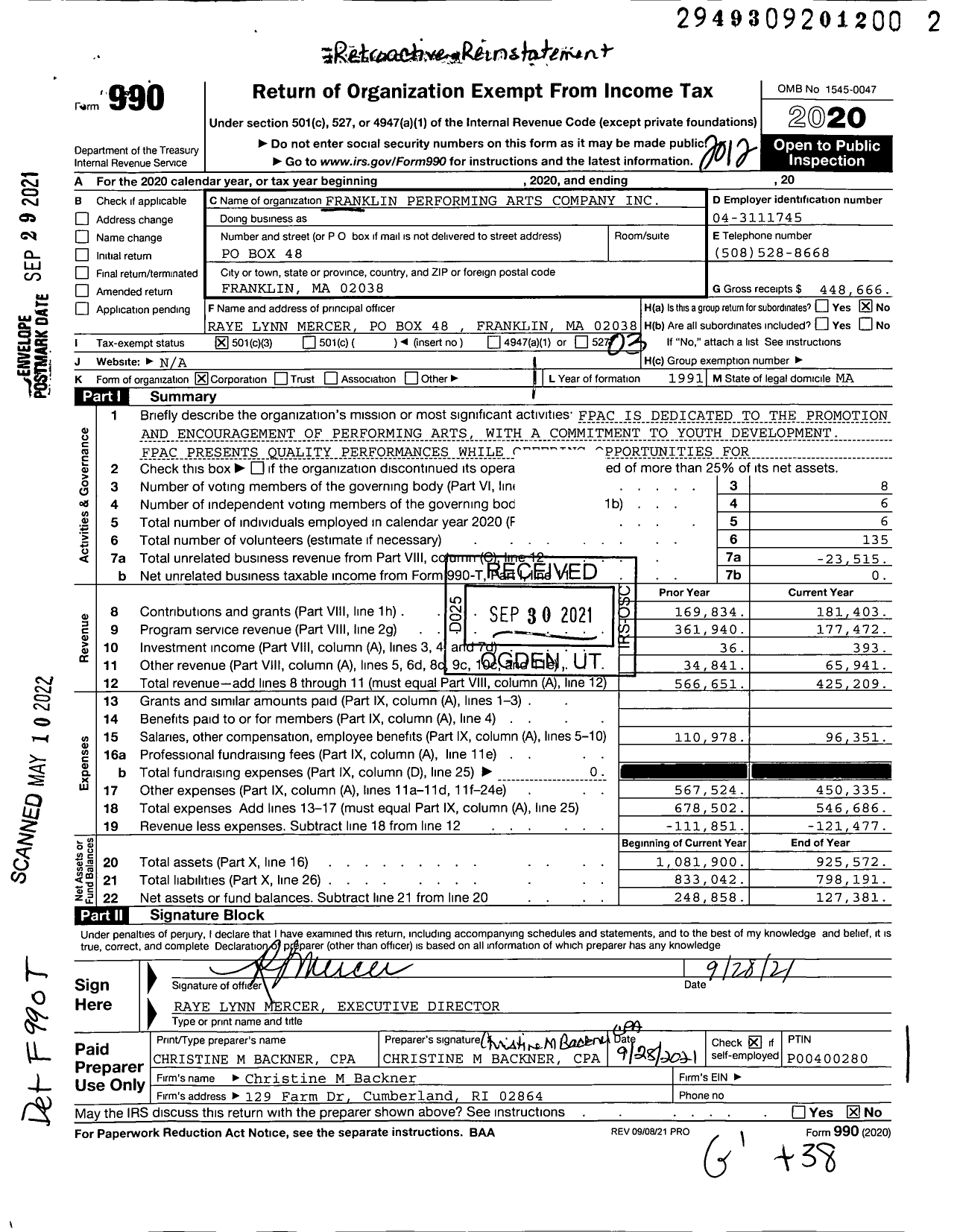Image of first page of 2020 Form 990 for Franklin Performing Arts Company