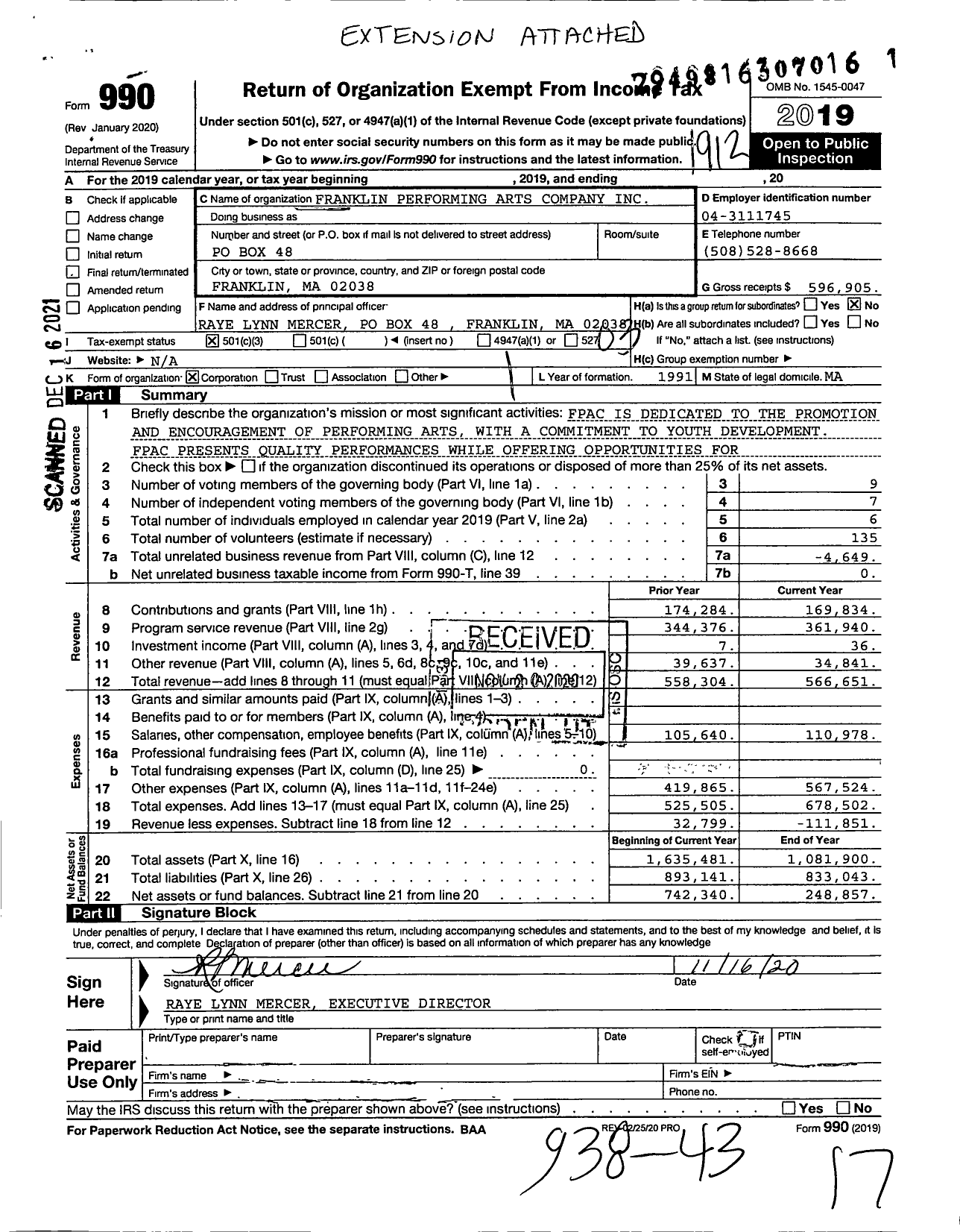 Image of first page of 2019 Form 990 for Franklin Performing Arts Company