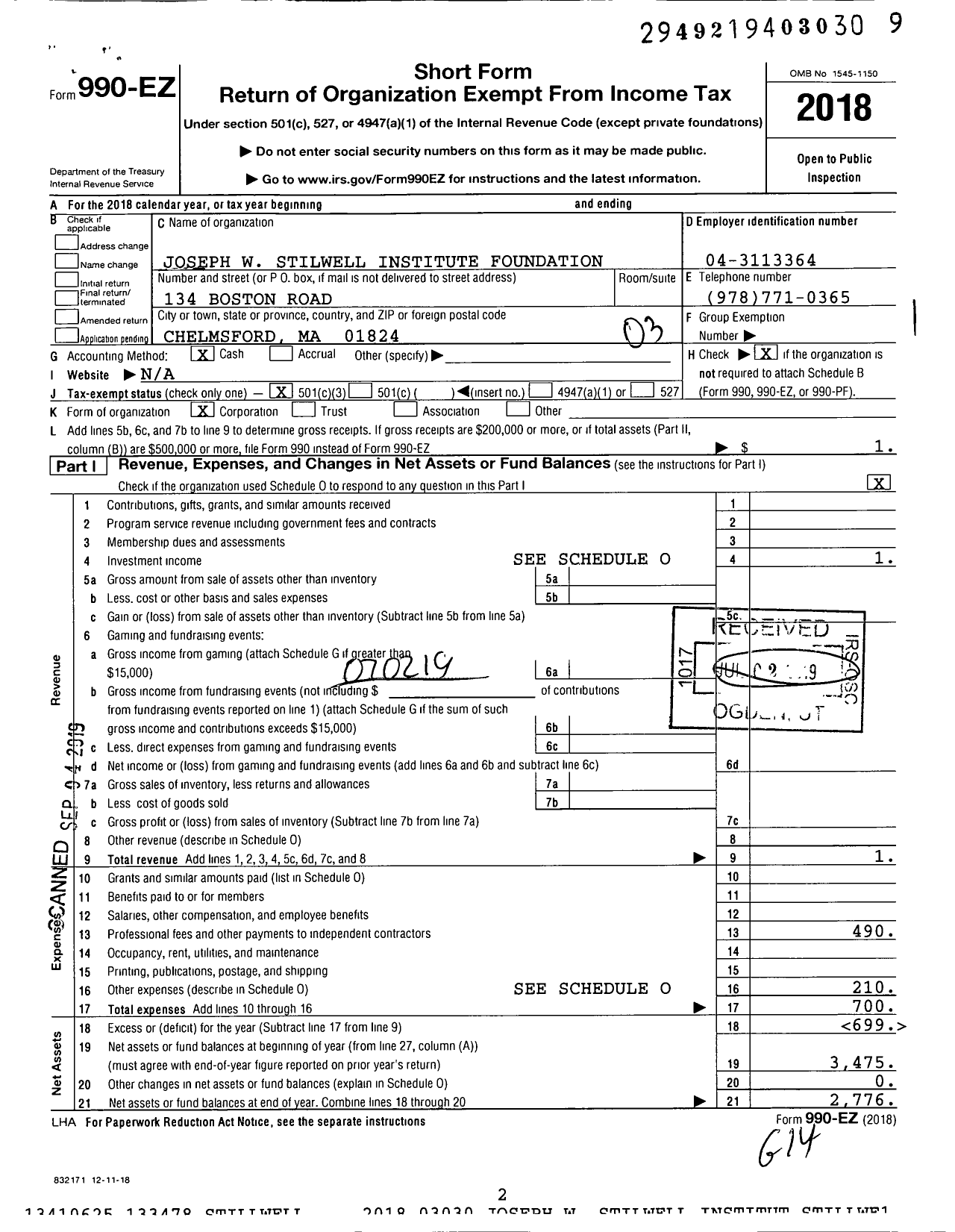 Image of first page of 2018 Form 990EZ for Joseph W Stilwell Institute Foundation