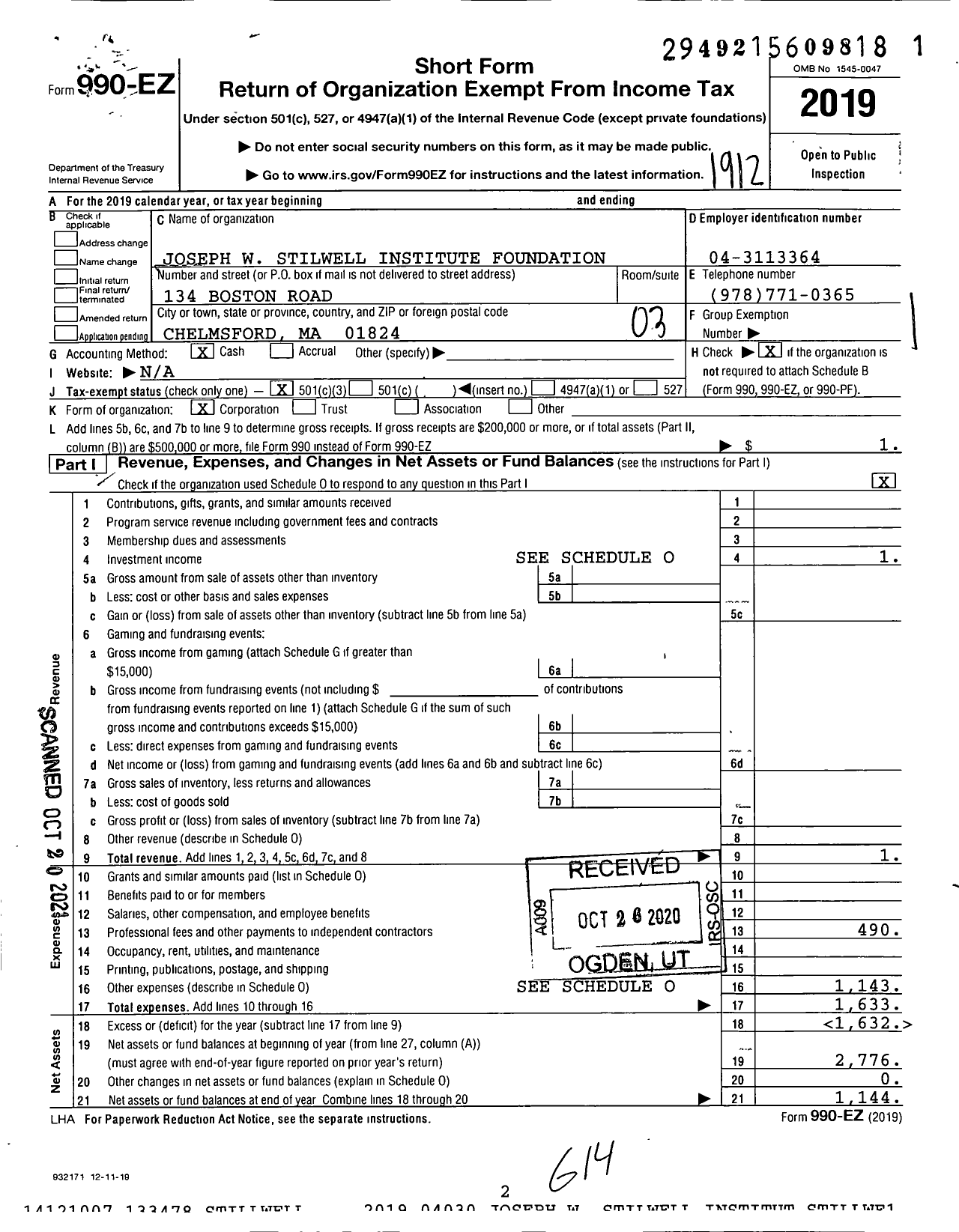 Image of first page of 2019 Form 990EZ for Joseph W Stilwell Institute Foundation